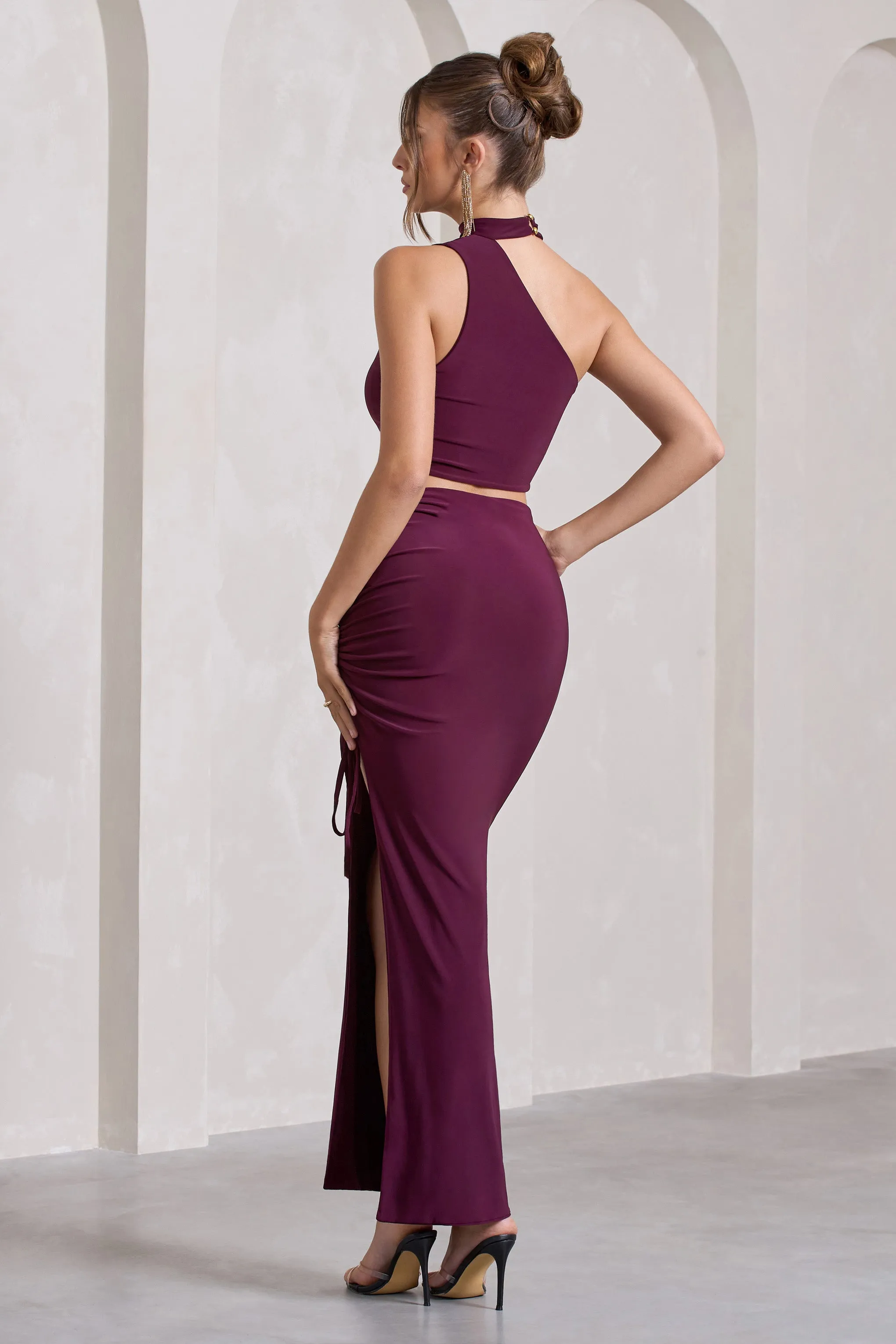 In The Air | Plum Ruched Asymmetric High-Waisted Maxi Skirt