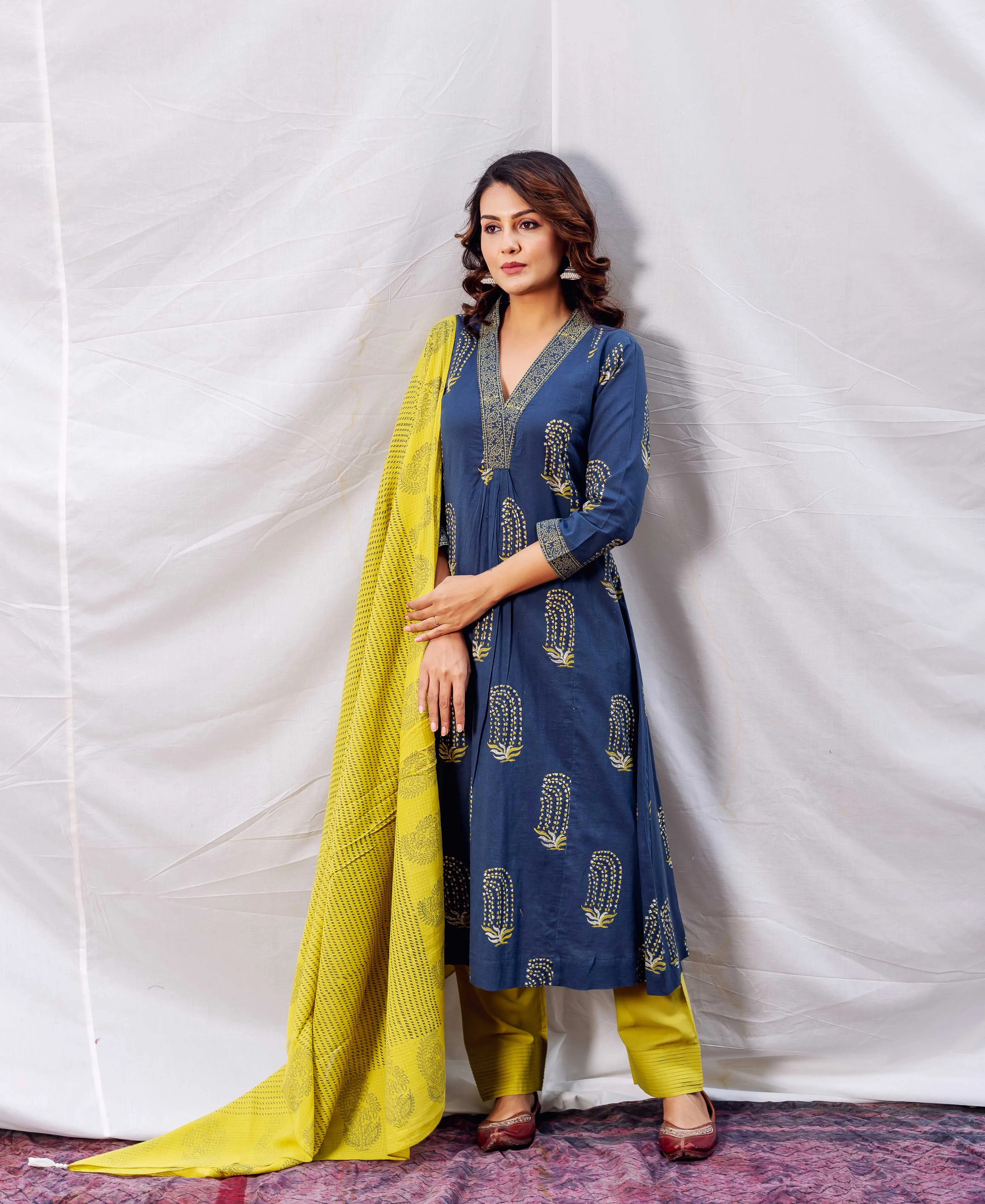 Indigo and Ochre Block Printed A -Line Kurta