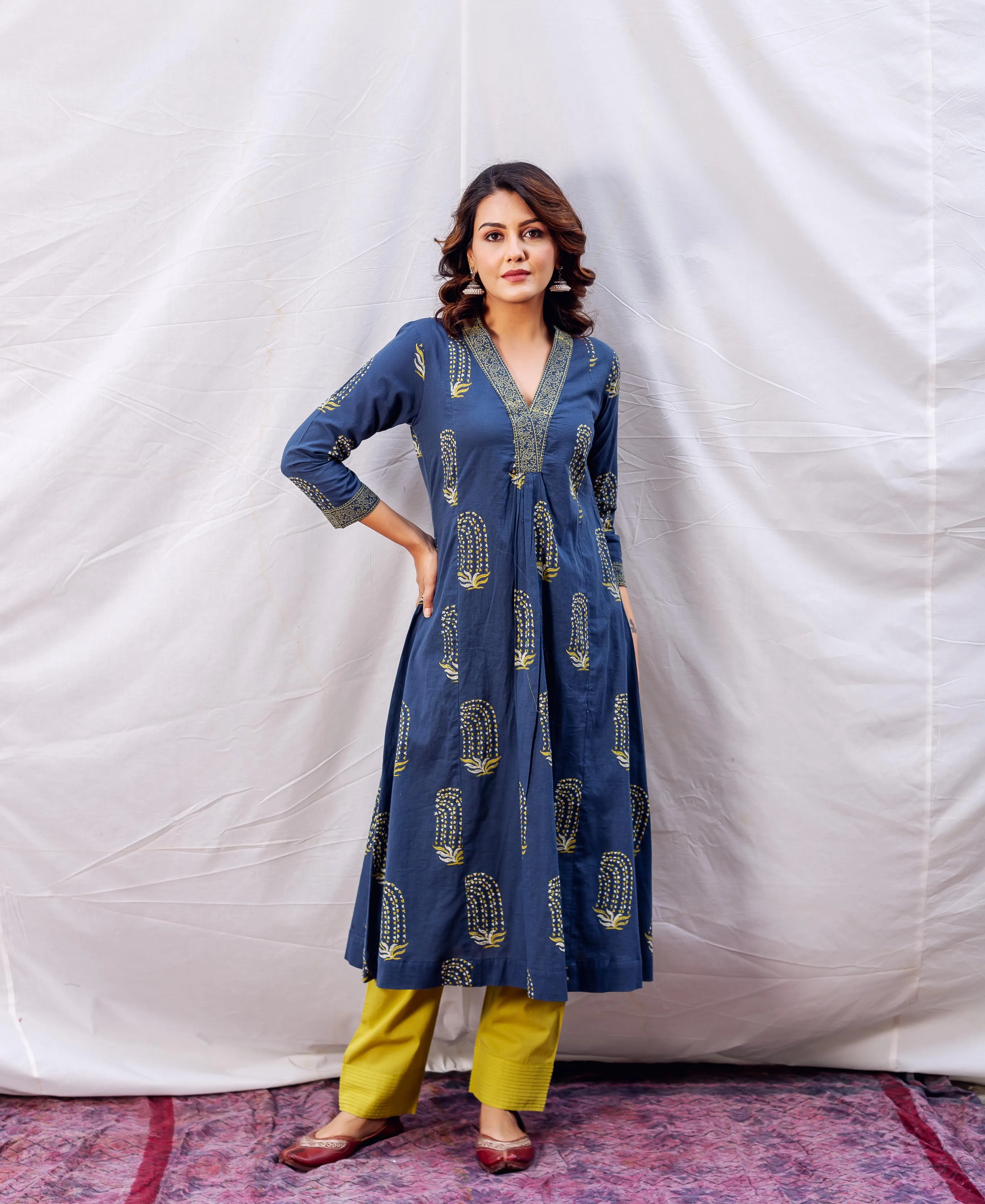 Indigo and Ochre Block Printed A -Line Kurta