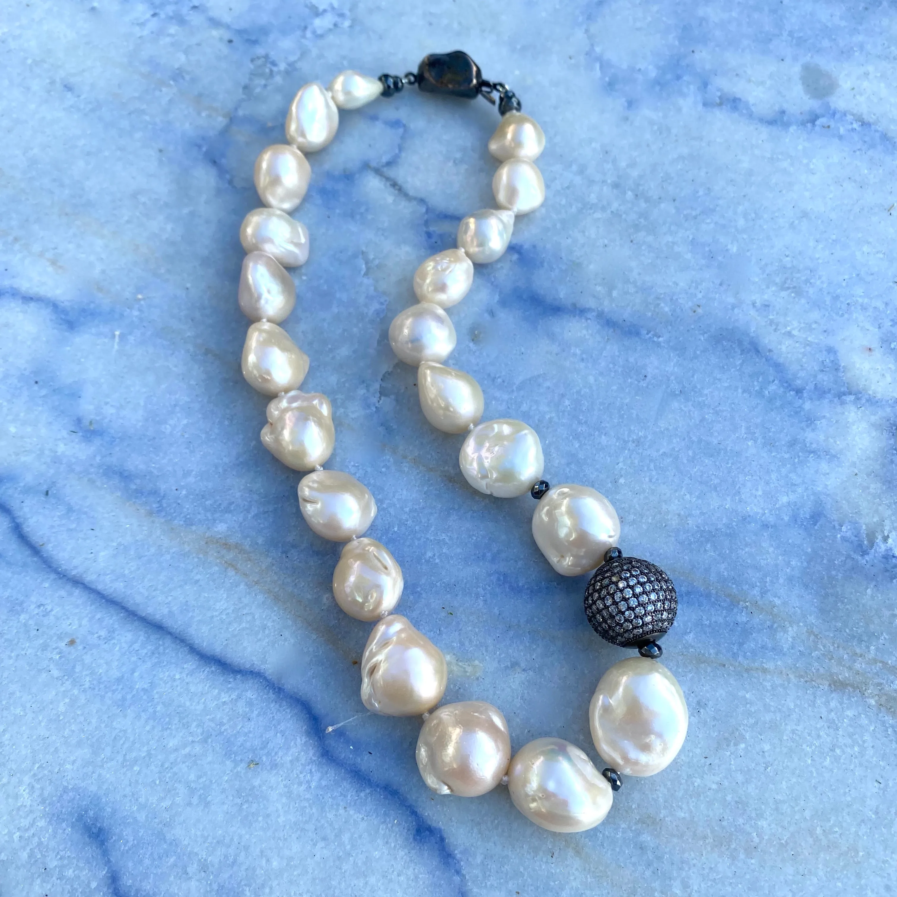 Ivory Baroque Pearl Necklace, Black Rhodium Plated Silver Details, Pave Cubic Zirconia Ball Spacer, 18in