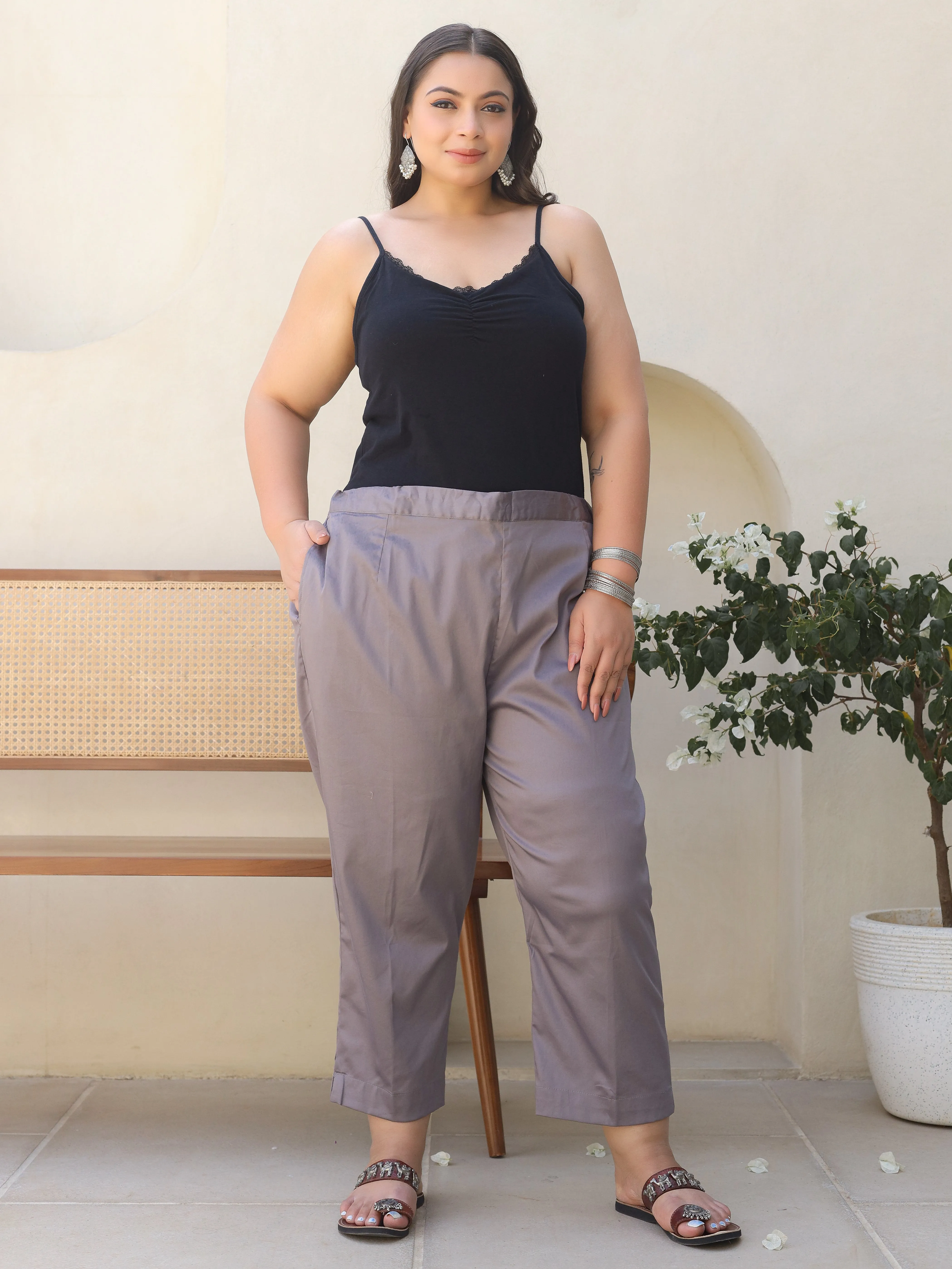 Juniper Grey Solid Lycra Women Drawstring Plus Size Pants With Single Side Pocket