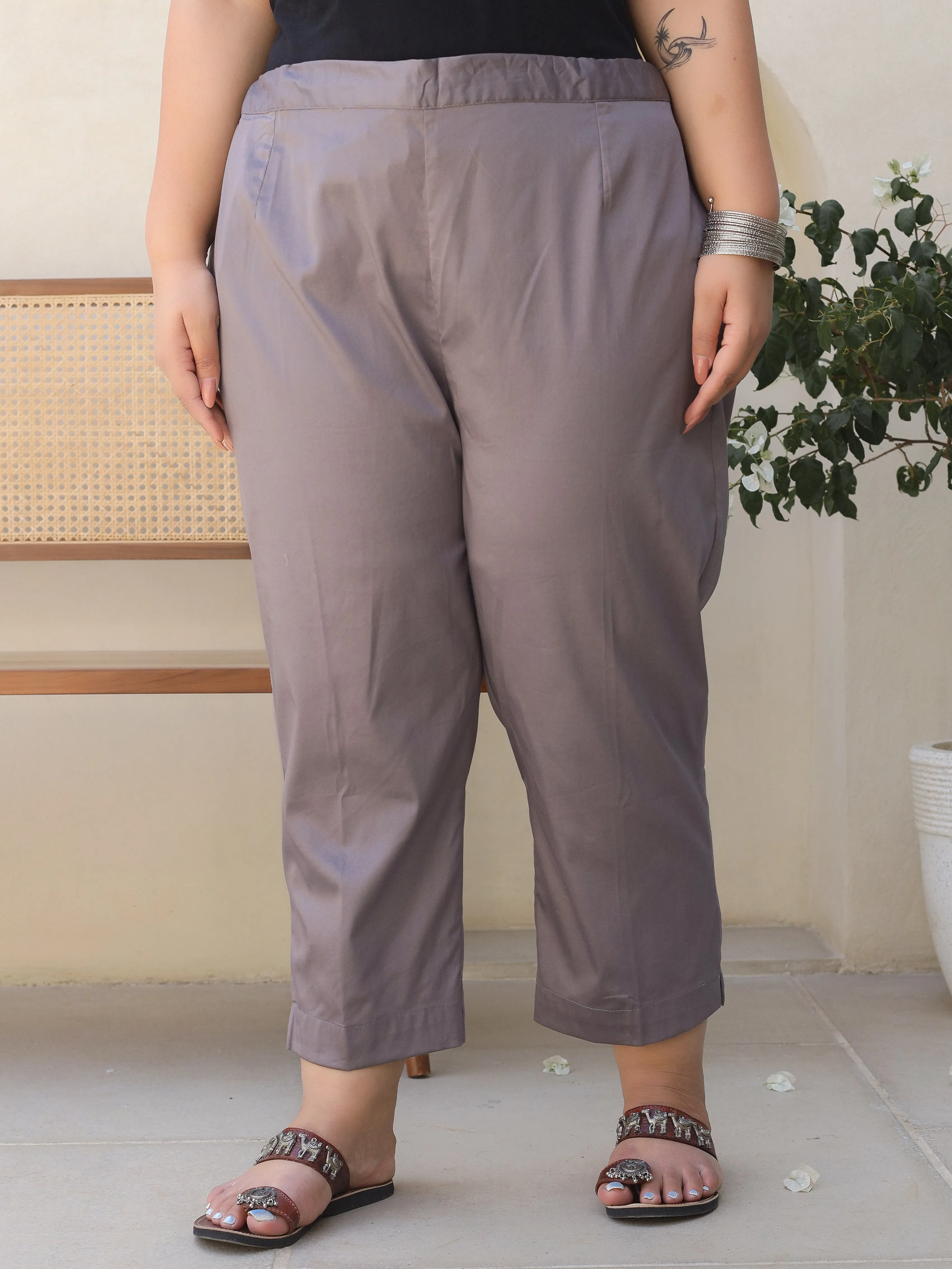 Juniper Grey Solid Lycra Women Drawstring Plus Size Pants With Single Side Pocket