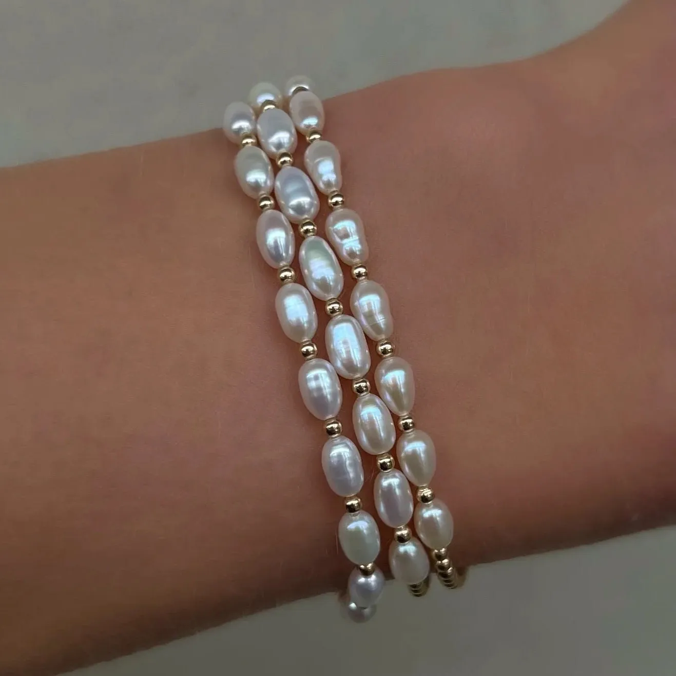 Karen Lazar  - 2 mm Yellow Gold Filled Bead Flex Bracelet with White Rice Pearls