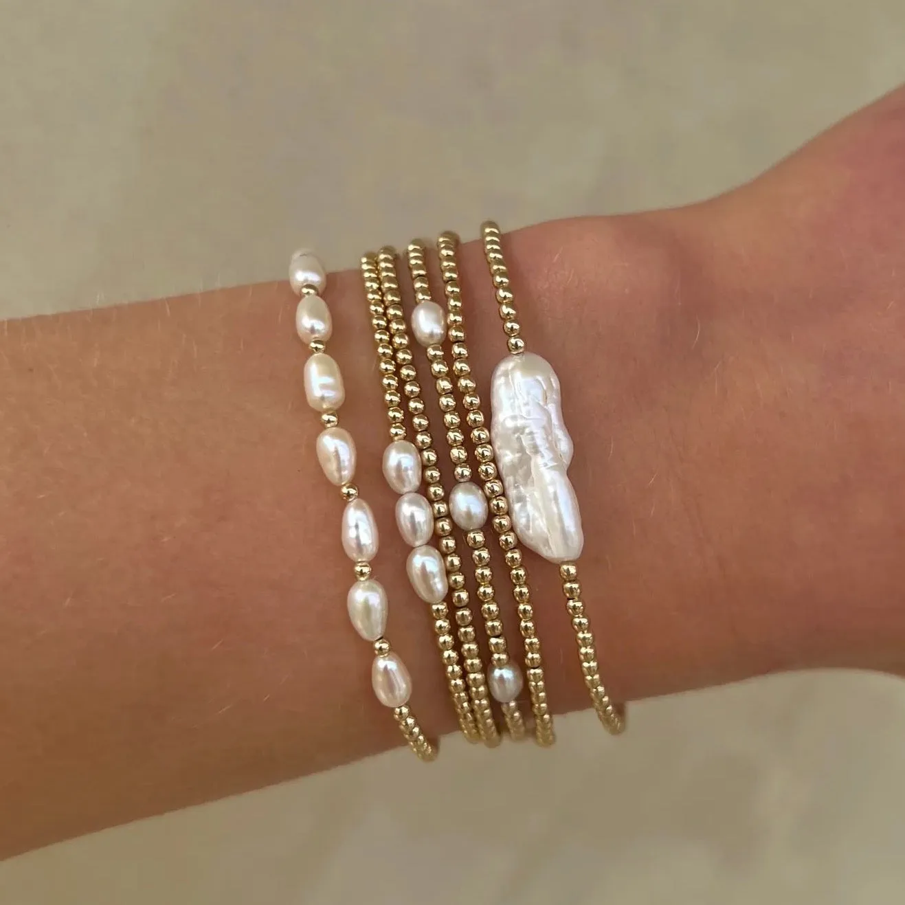 Karen Lazar  - 2 mm Yellow Gold Filled Bead Flex Bracelet with White Rice Pearls