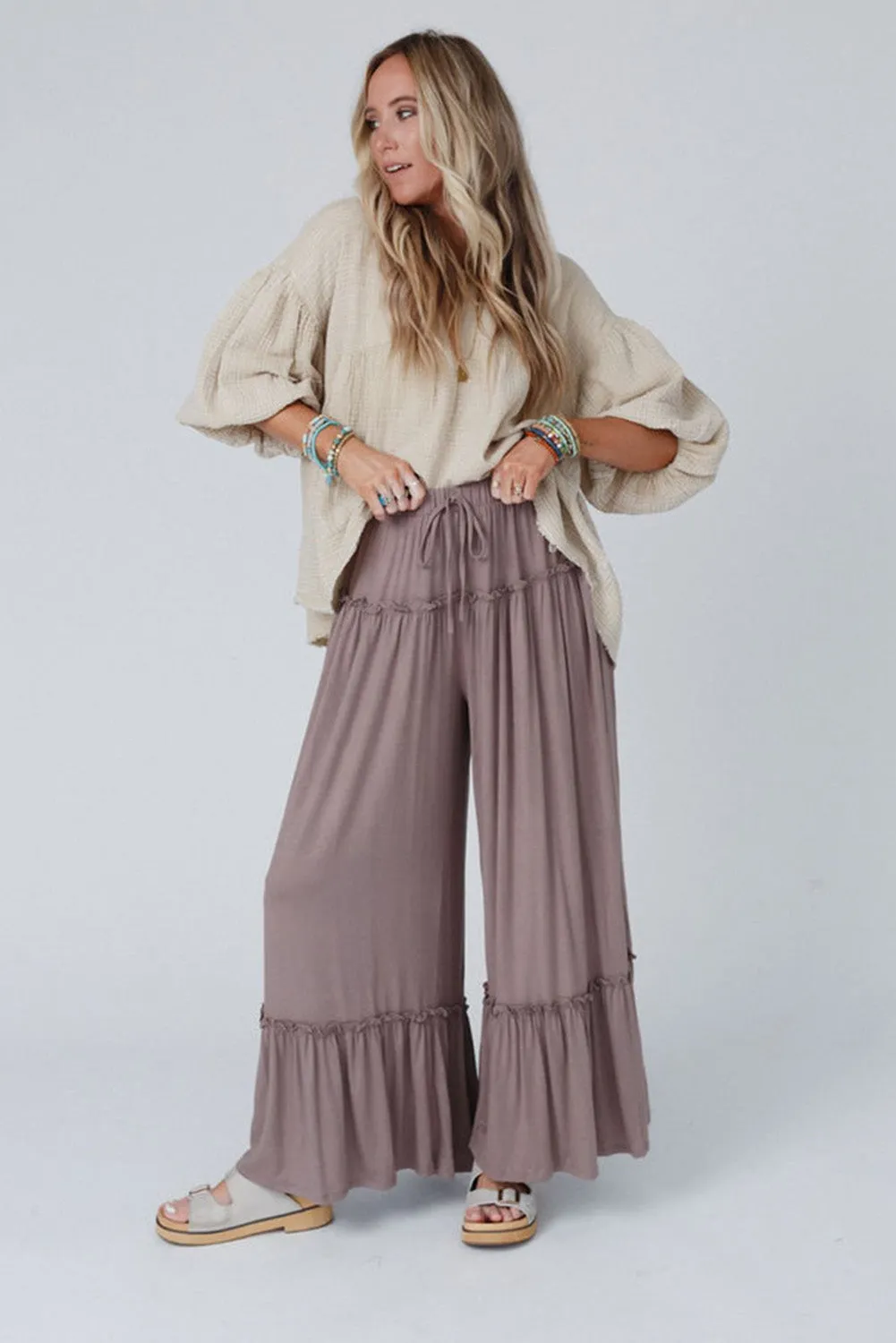 Khaki Frilled Drawstring High Waist Wide Leg Pants