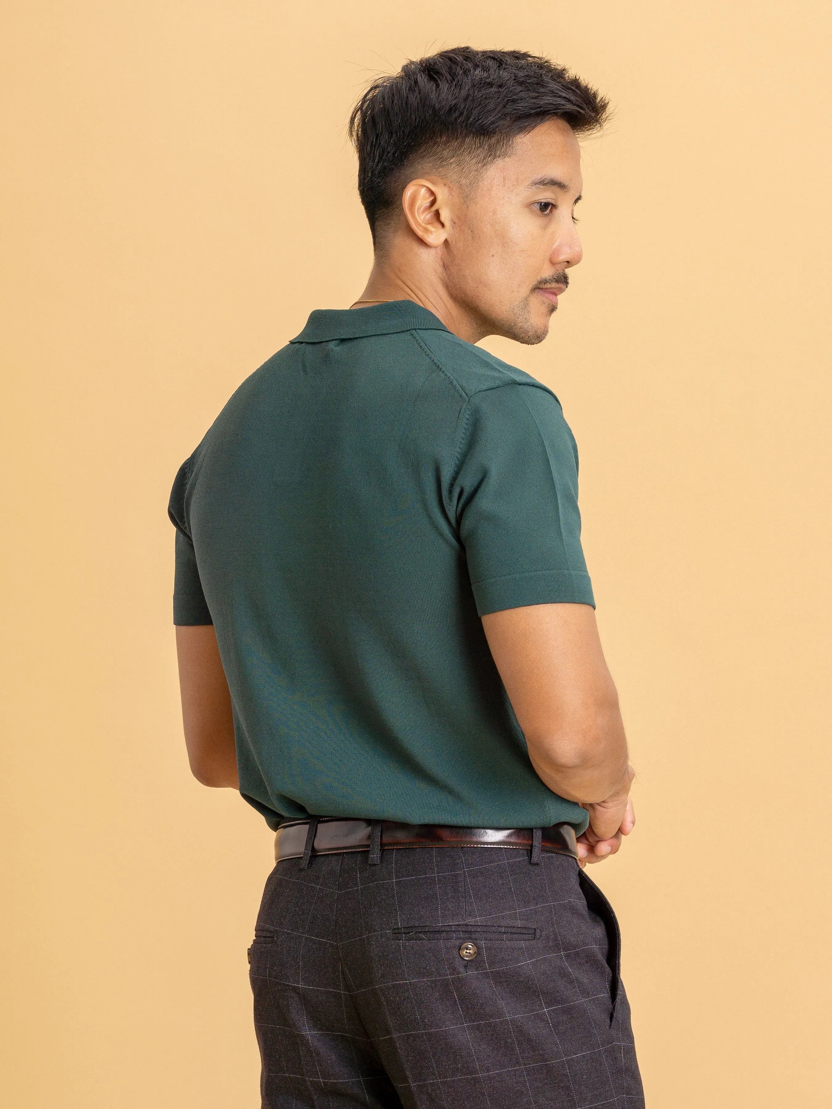 Knit Polo Tee - Emerald Green Open Collar