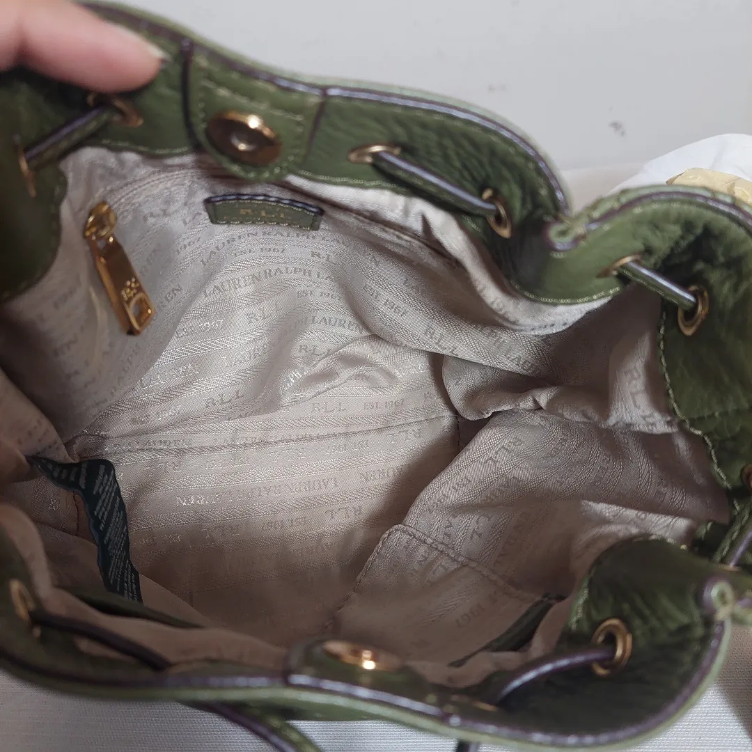 Lauren Ralph Lauren Olive Green Leather Small Drawstring Crossbody Bag | Gently used |