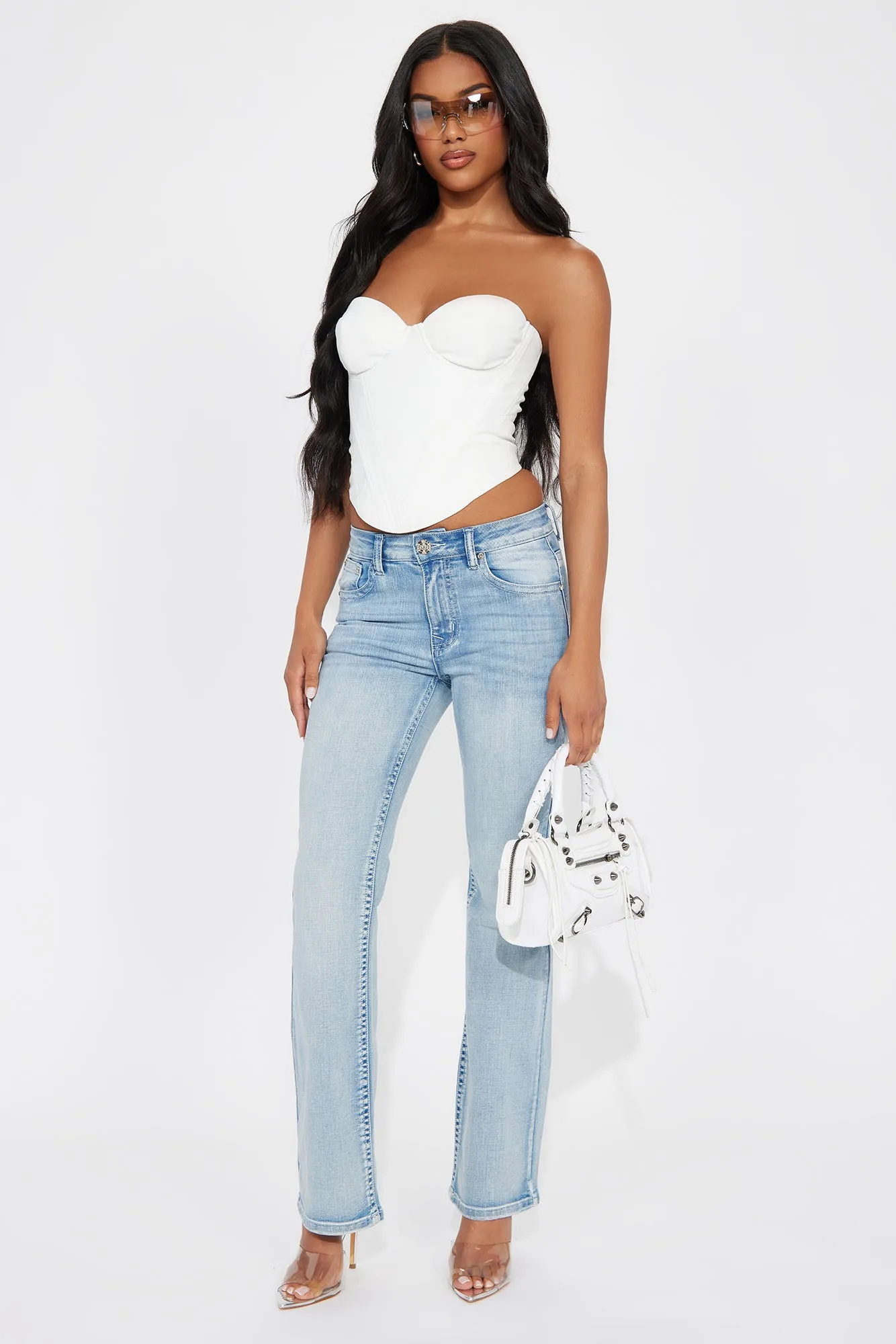 Look My Way Embellished Stretch Bootcut Jeans - Light Wash