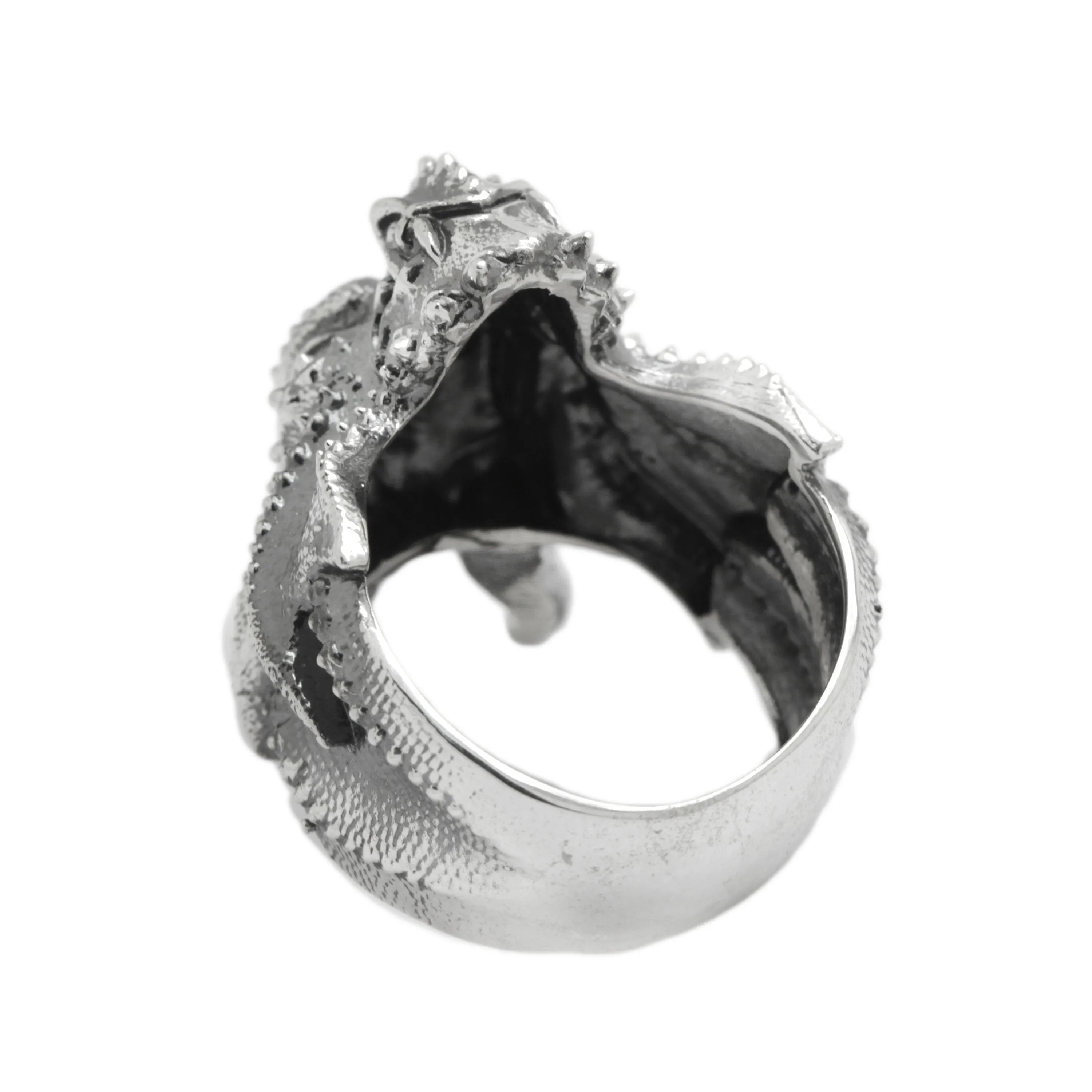 Lucky Feng Shui Celestial Water Dragon Amulet Mens Blacked Silver Ring