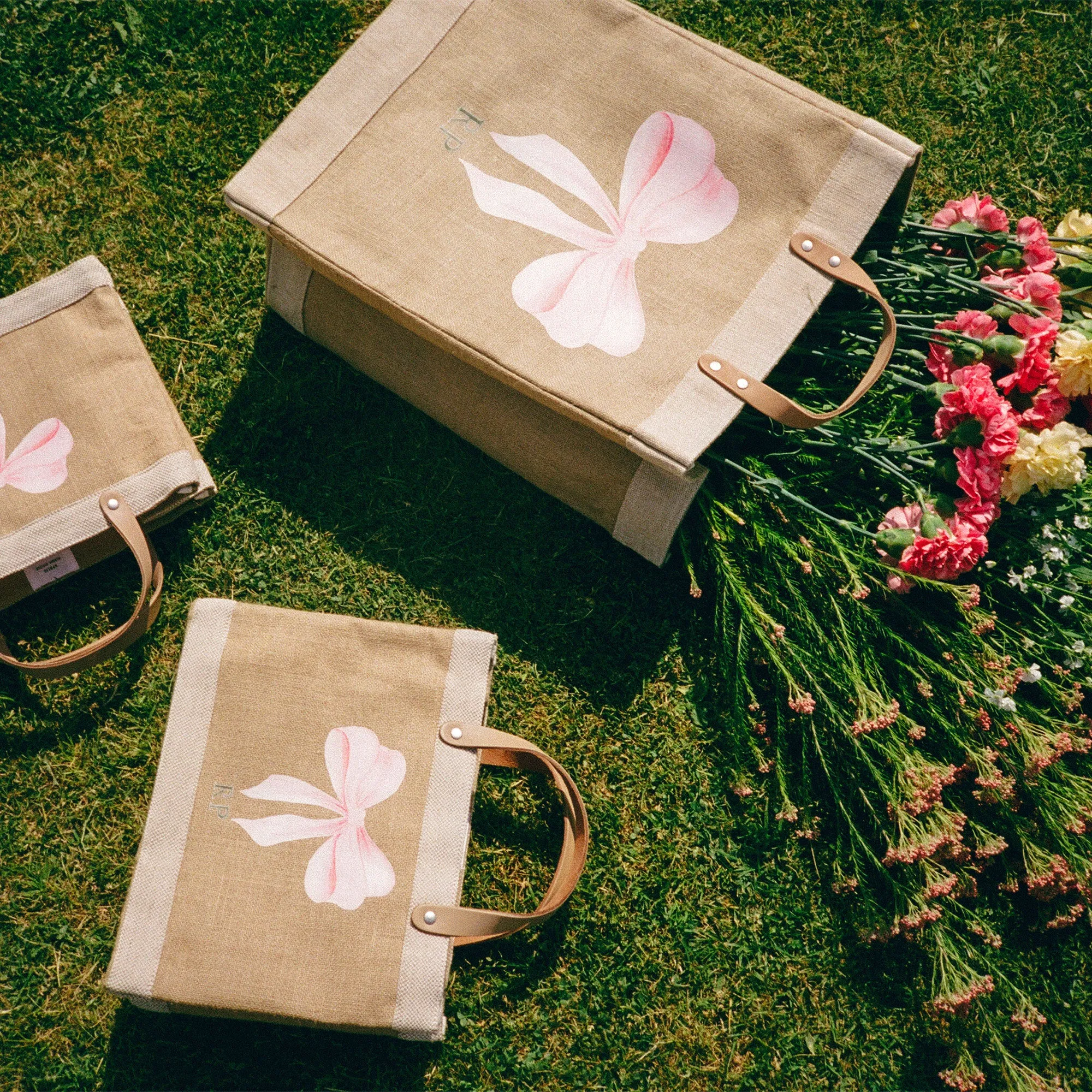 Market Bag in Natural with Powder Blue Bow by Amy Logsdon