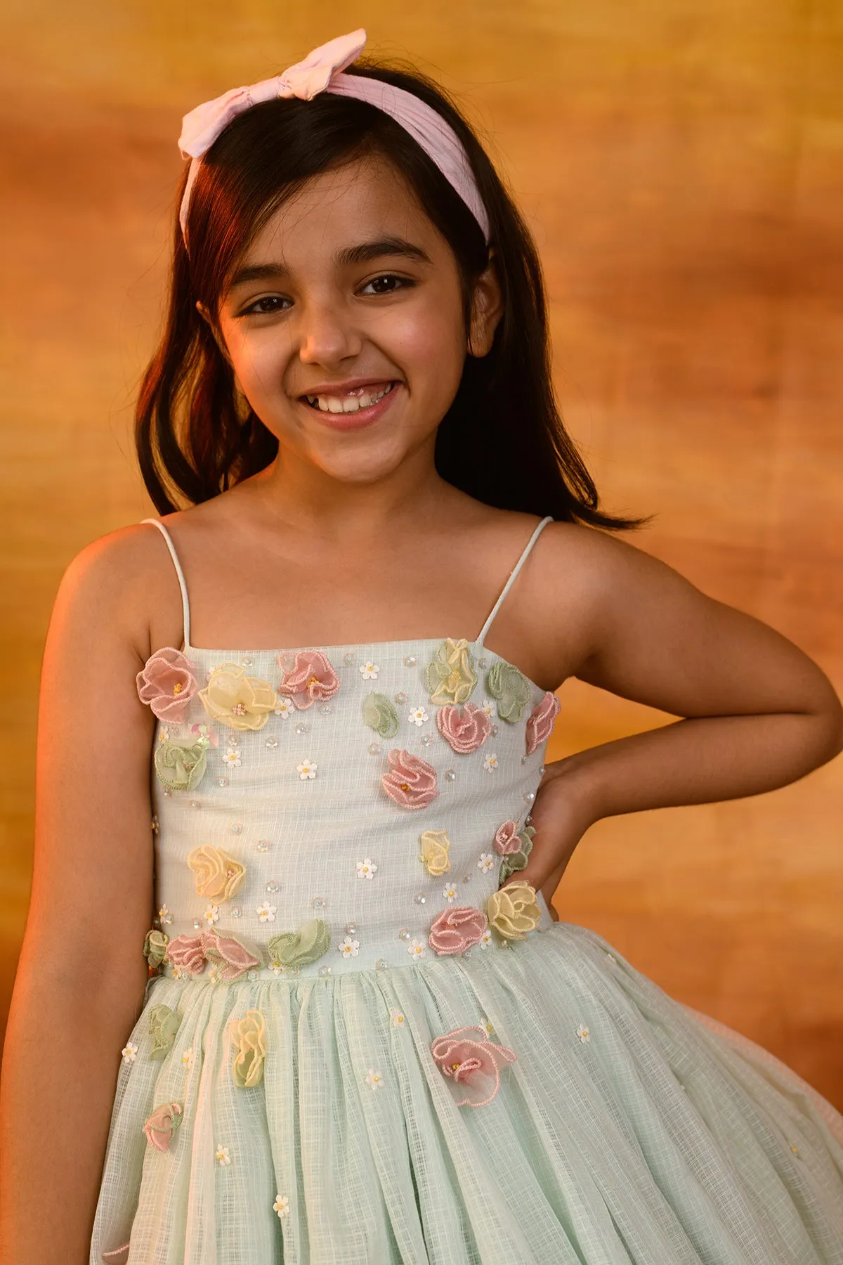 Mayflower- Floral Embellished Kota Doriya Dress For Girls