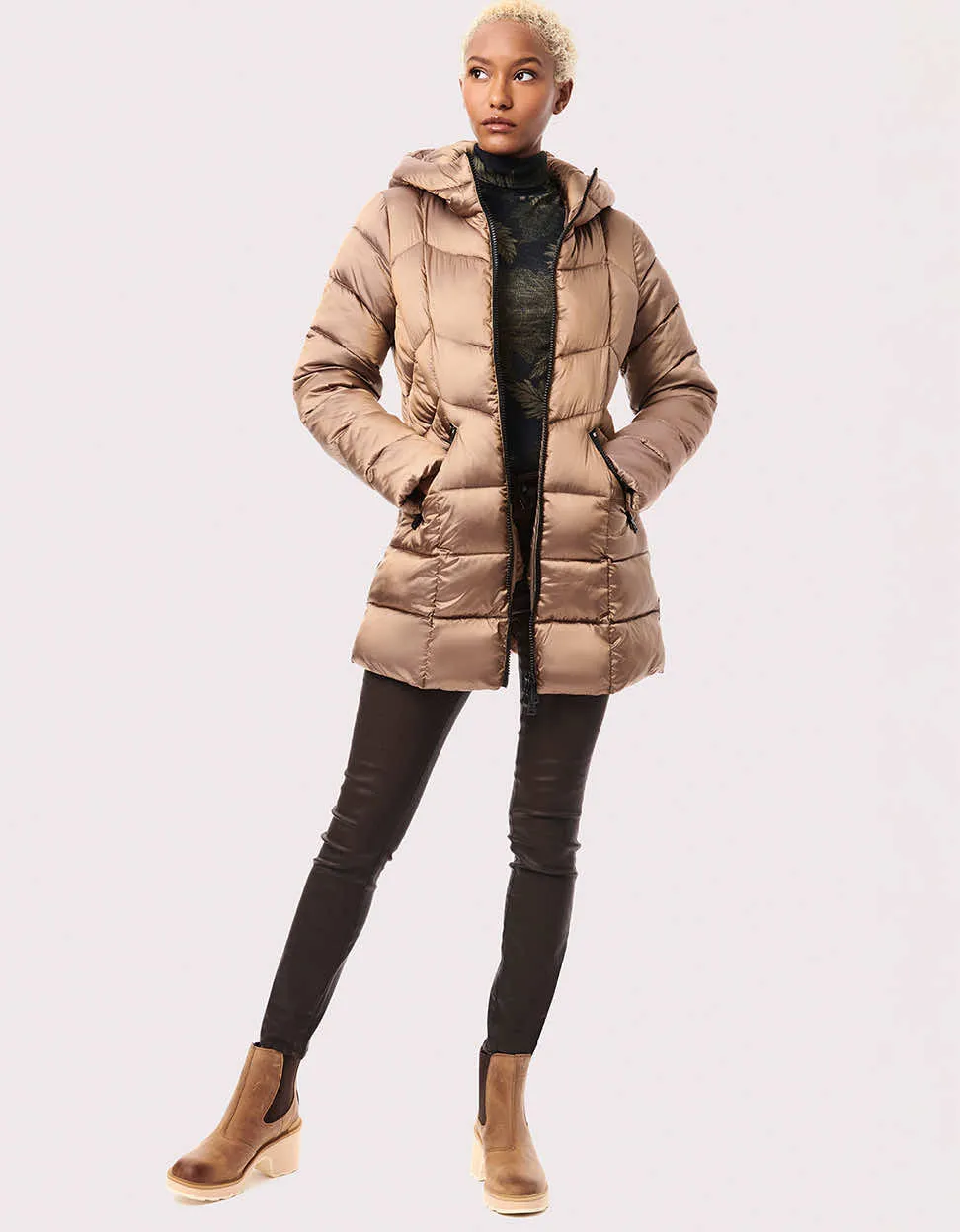 Metallic Fab Funnel Quilted Puffer Jacket