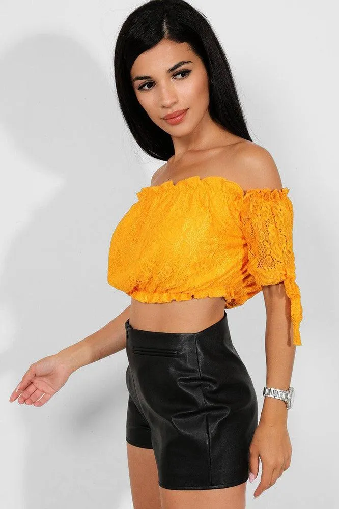 Mustard Delicate Lace Bow Sleeves Bardot Crop Top