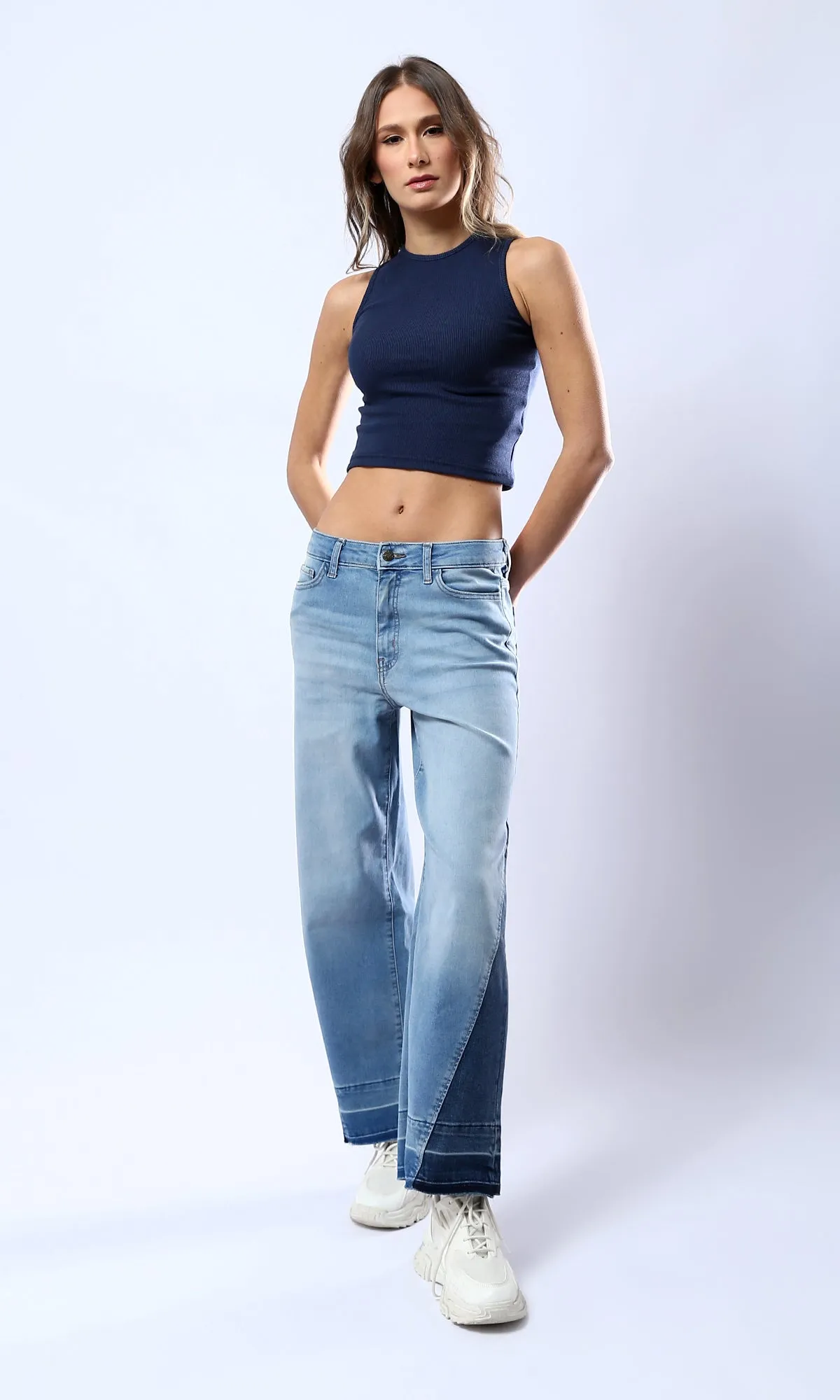 O182219 Blue Shades Wide Leg Solid Jeans