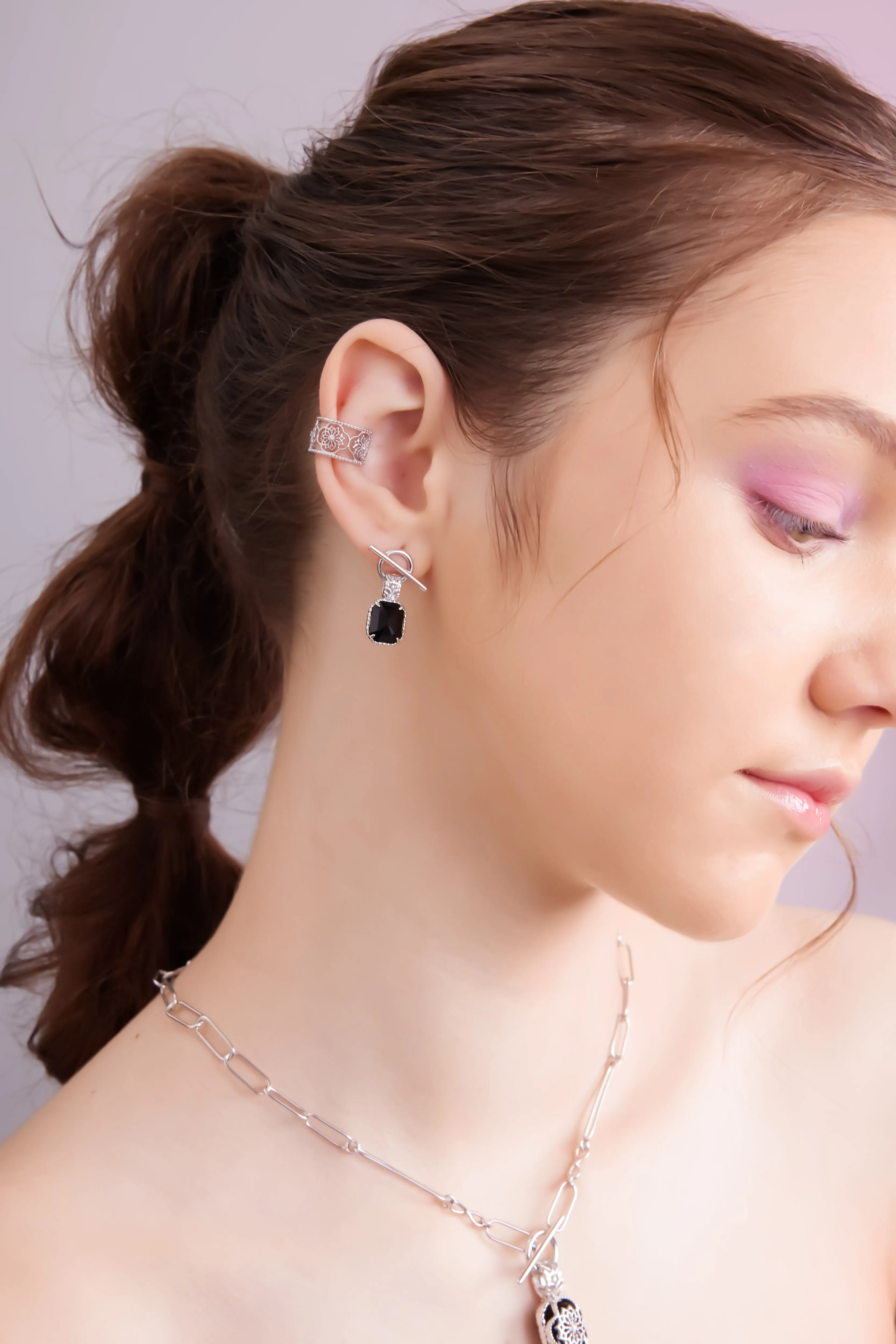 Obsidian Silver Toggle Earrings - Chrysanthemum