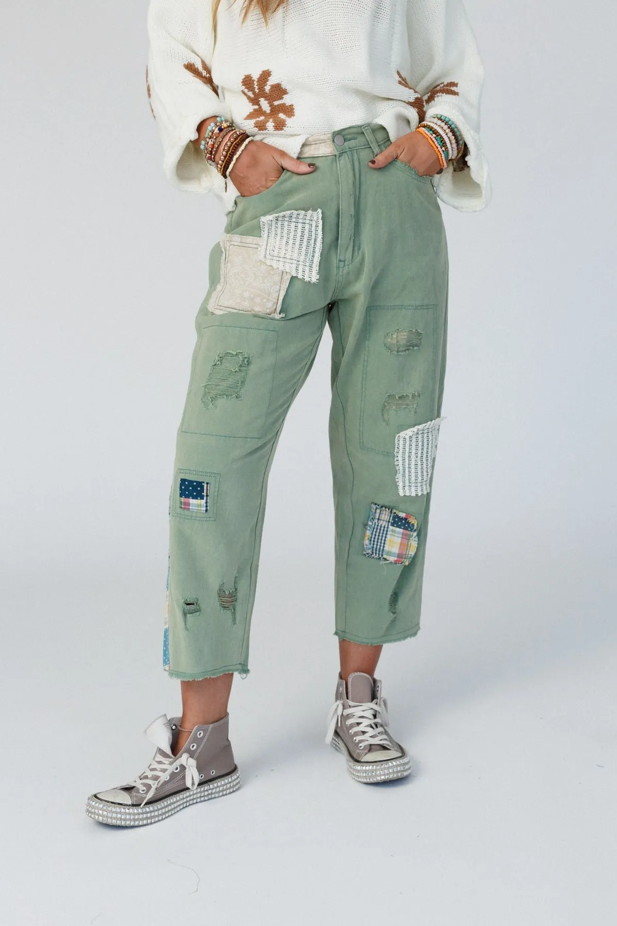 Offshore Patchwork Detail Pants - Light Green