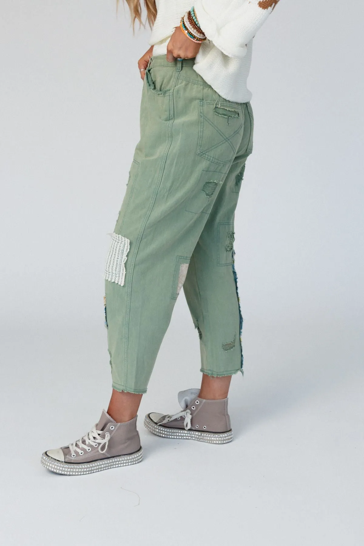 Offshore Patchwork Detail Pants - Light Green