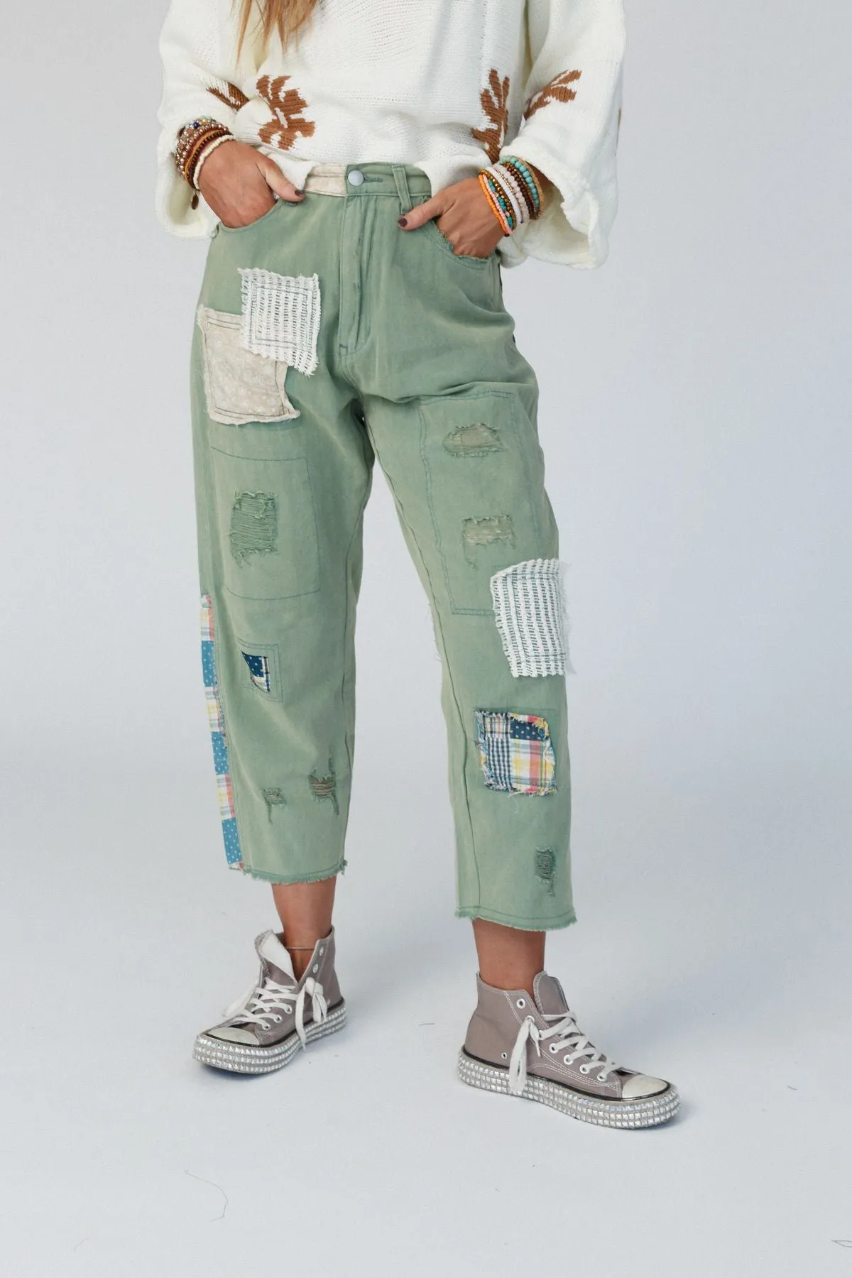 Offshore Patchwork Detail Pants - Light Green