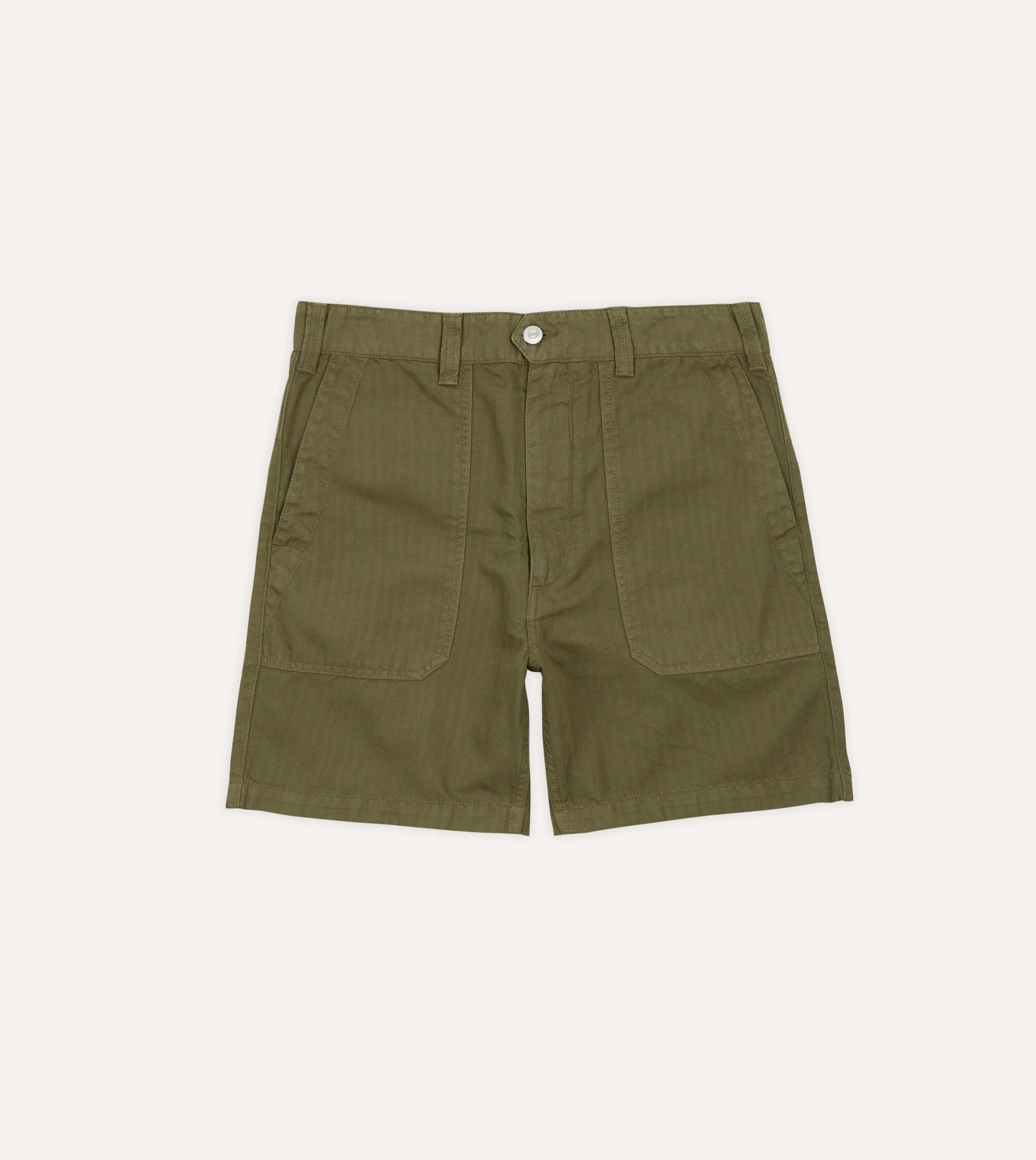 Olive Herringbone Cotton Linen Fatigue Shorts