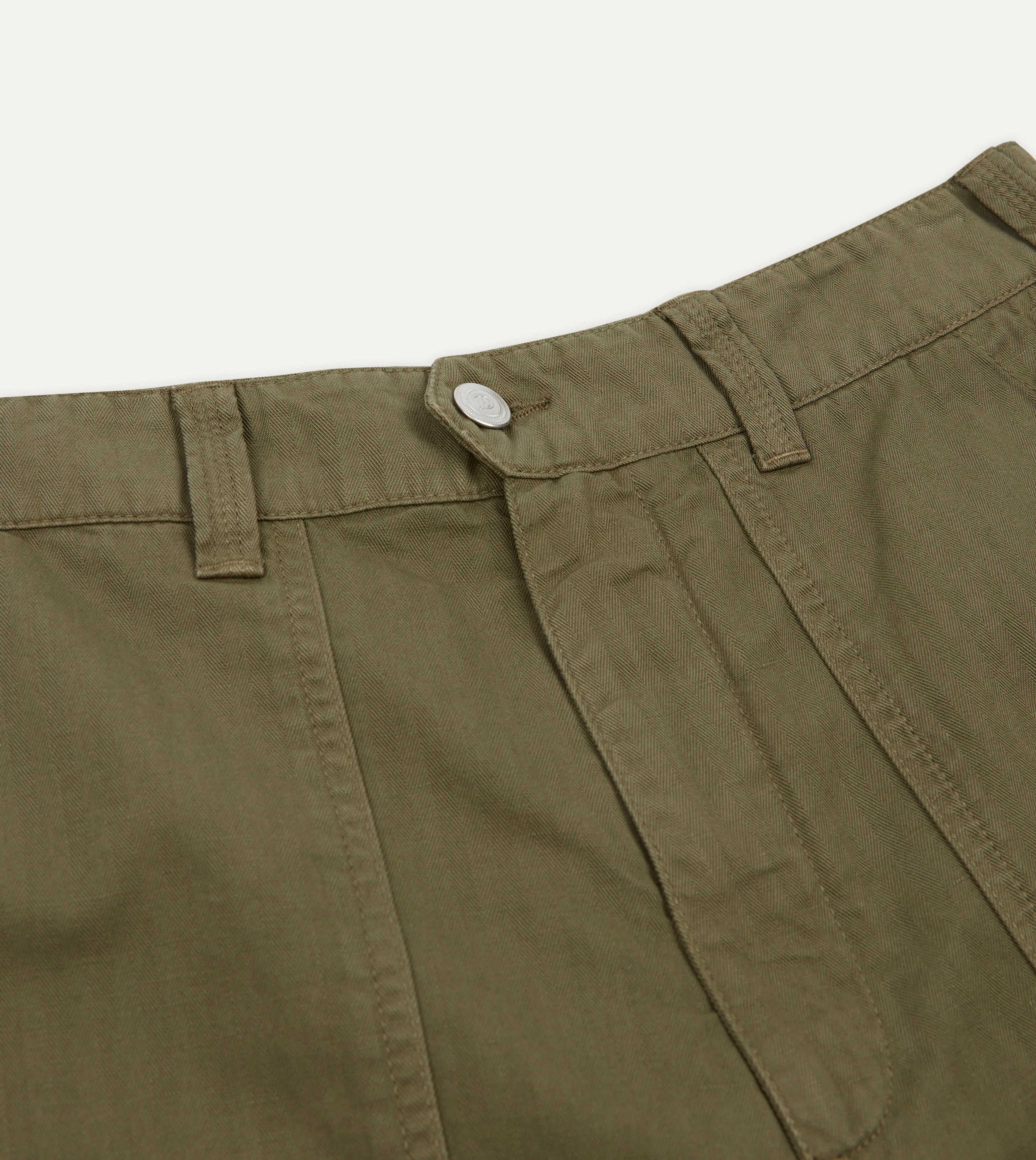 Olive Herringbone Cotton Linen Fatigue Shorts