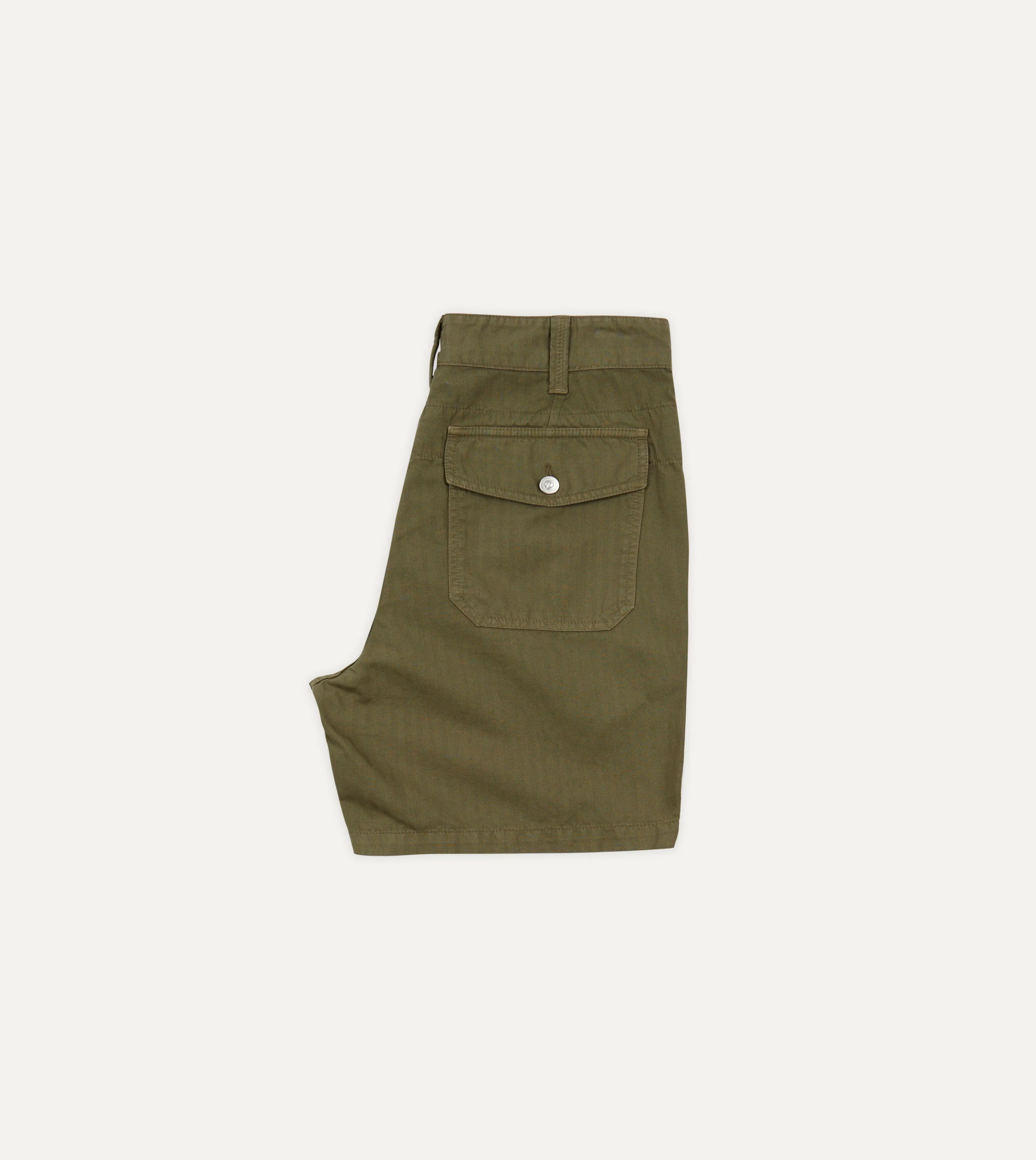 Olive Herringbone Cotton Linen Fatigue Shorts