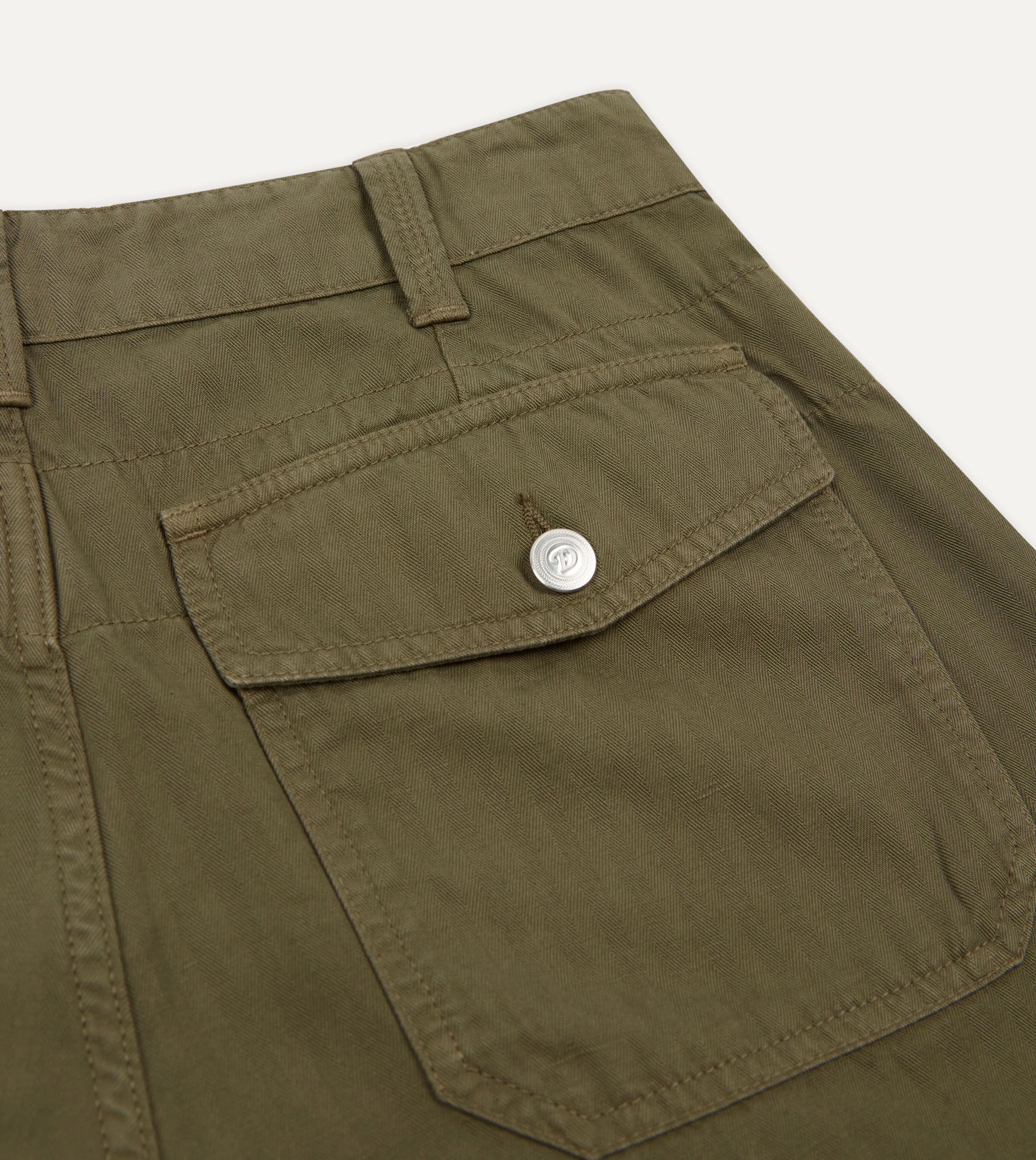 Olive Herringbone Cotton Linen Fatigue Shorts