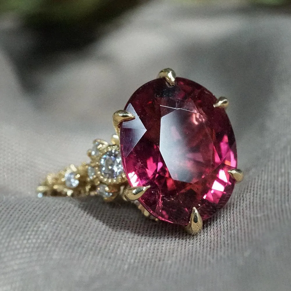 One Of A Kind: Oval Rubellite Queen Victoria Diamond Ring in 14K and 18K Gold