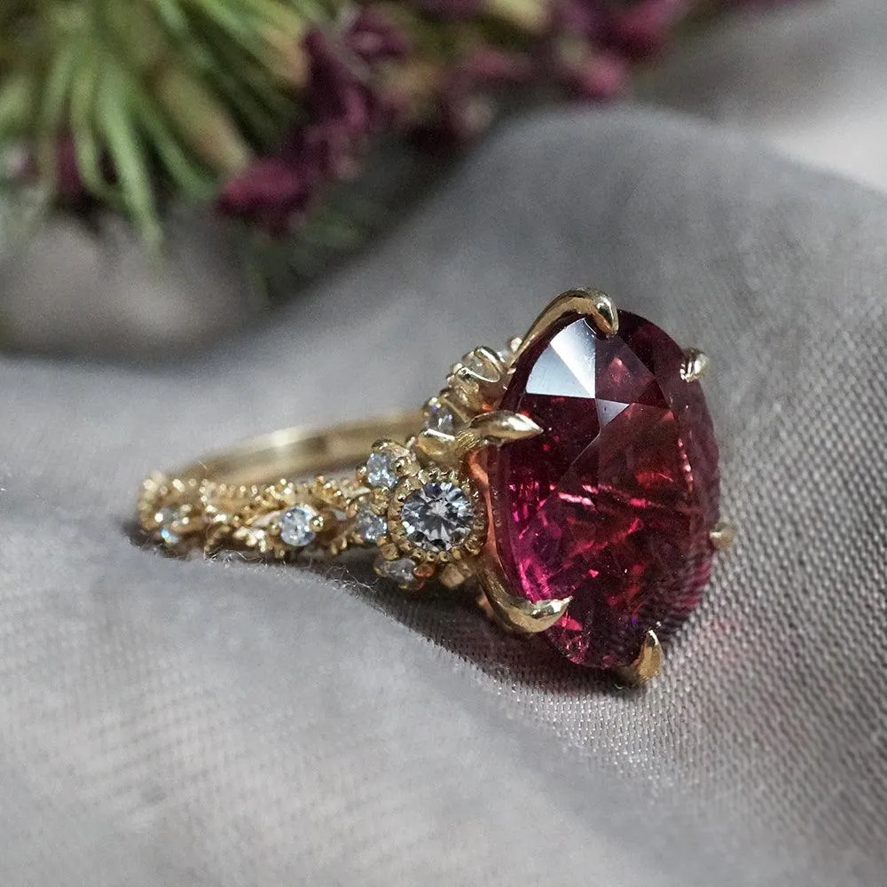 One Of A Kind: Oval Rubellite Queen Victoria Diamond Ring in 14K and 18K Gold