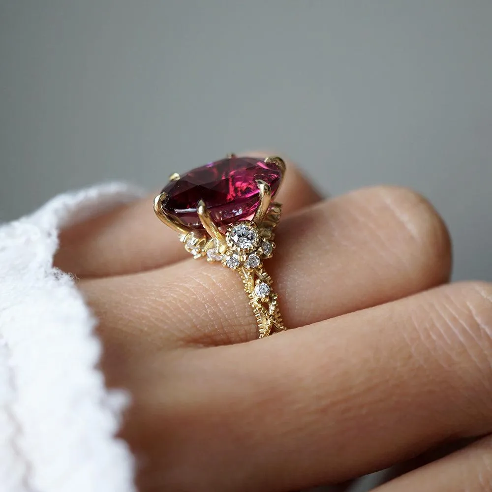 One Of A Kind: Oval Rubellite Queen Victoria Diamond Ring in 14K and 18K Gold