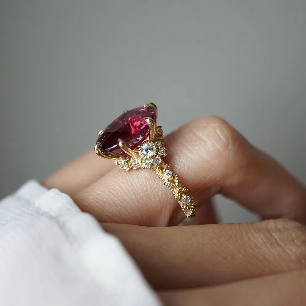 One Of A Kind: Oval Rubellite Queen Victoria Diamond Ring in 14K and 18K Gold