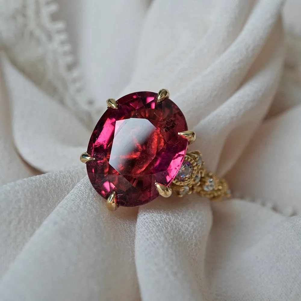 One Of A Kind: Oval Rubellite Queen Victoria Diamond Ring in 14K and 18K Gold