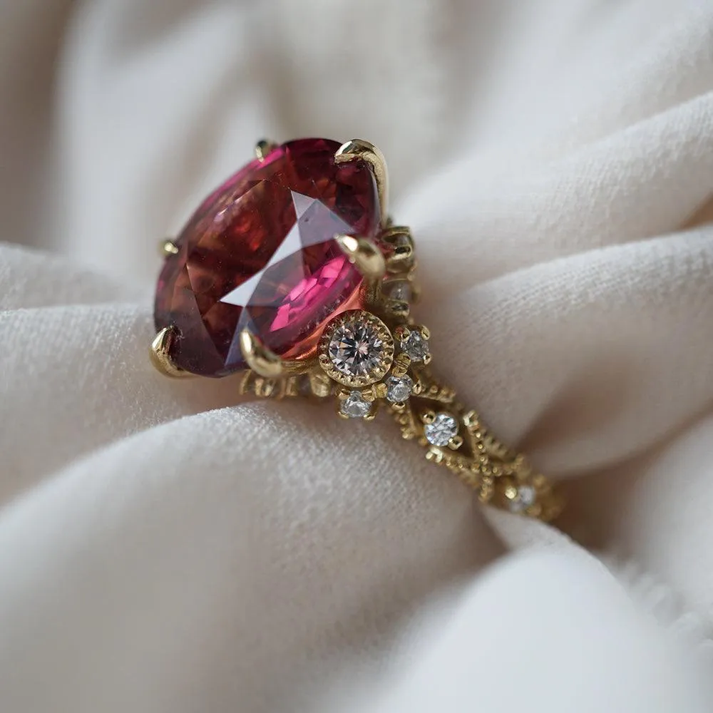 One Of A Kind: Oval Rubellite Queen Victoria Diamond Ring in 14K and 18K Gold