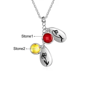 Personalized 2 Birthstones And Flowers Pendant