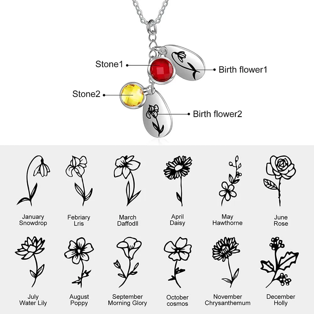 Personalized 2 Birthstones And Flowers Pendant