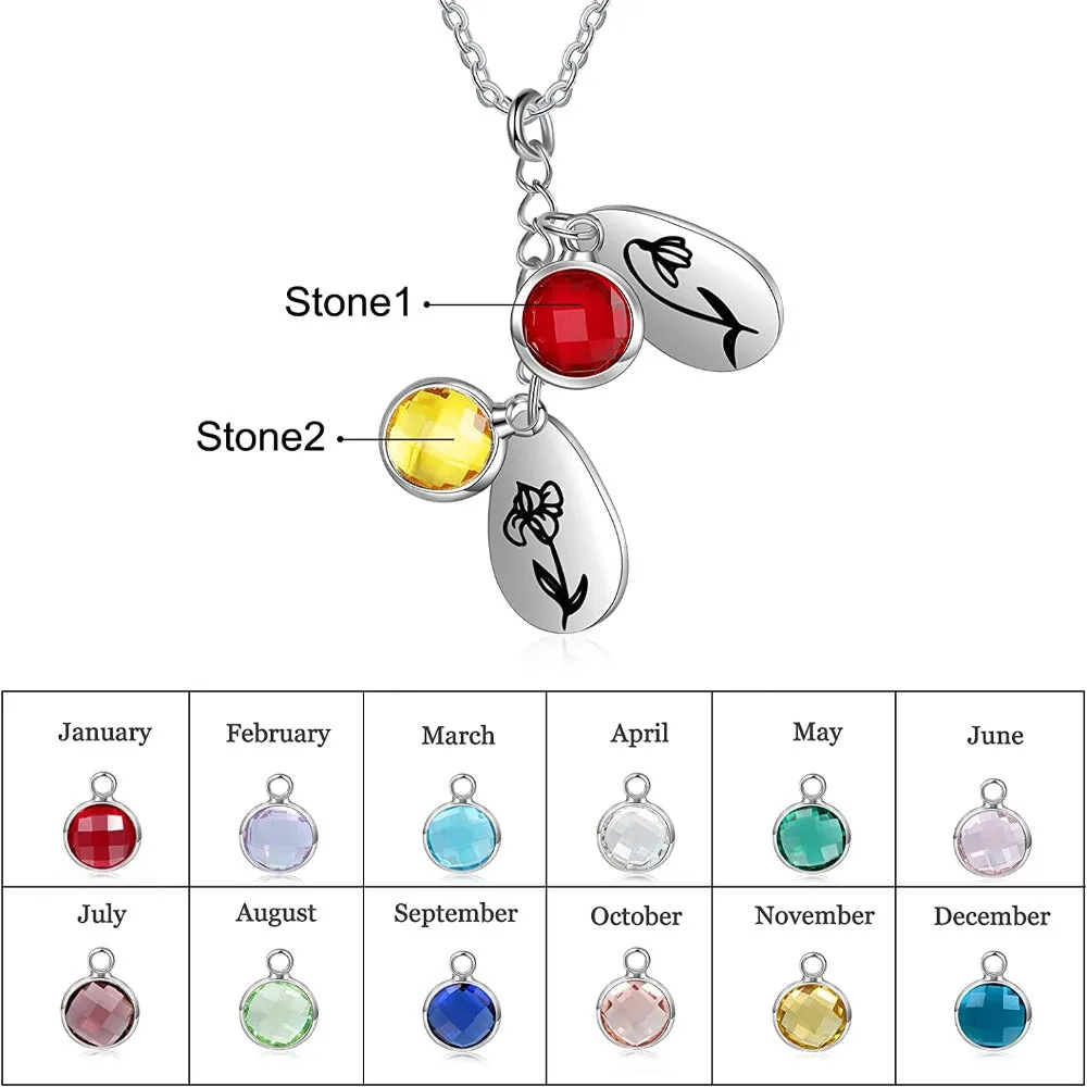 Personalized 2 Birthstones And Flowers Pendant