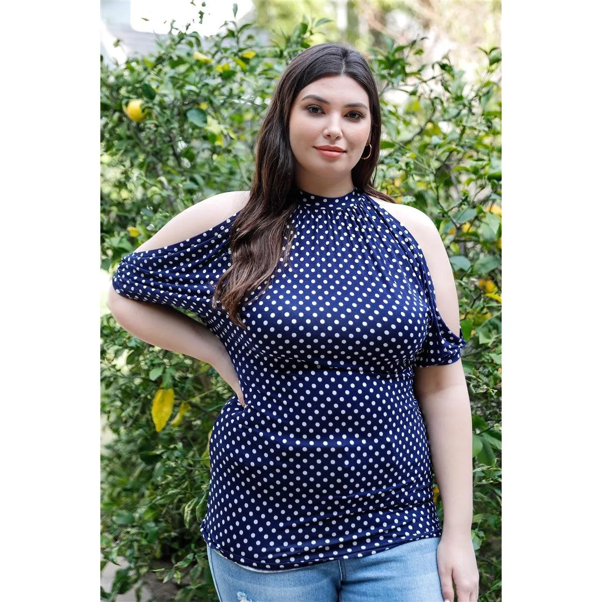 Plus Polka Dot Cold Shoulder Short Sleeve Back Self-tie Top