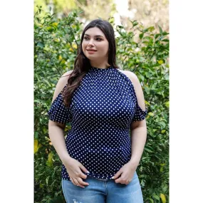 Plus Polka Dot Cold Shoulder Short Sleeve Back Self-tie Top