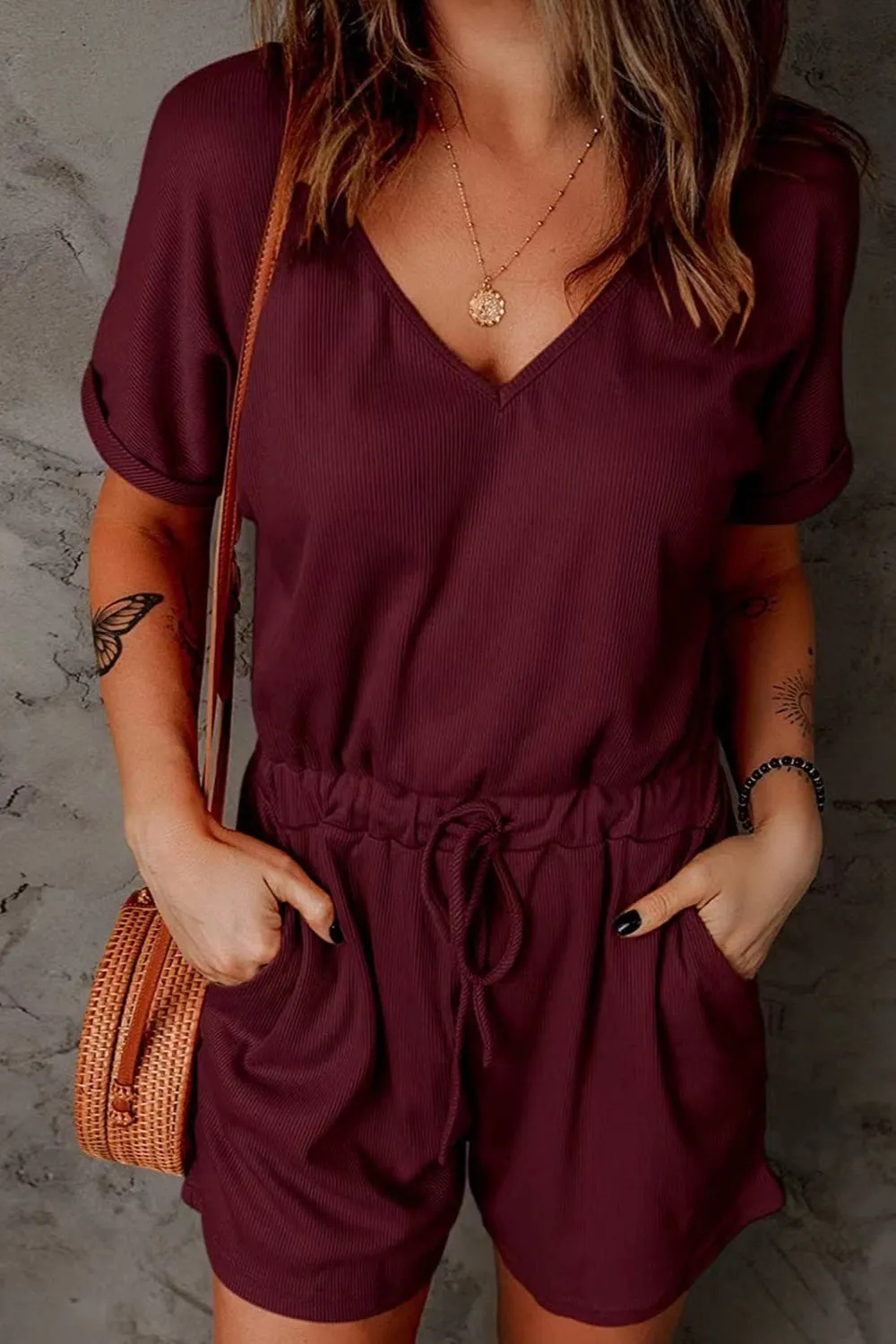 Plus Size Drawstring V-Neck Short Sleeve Romper