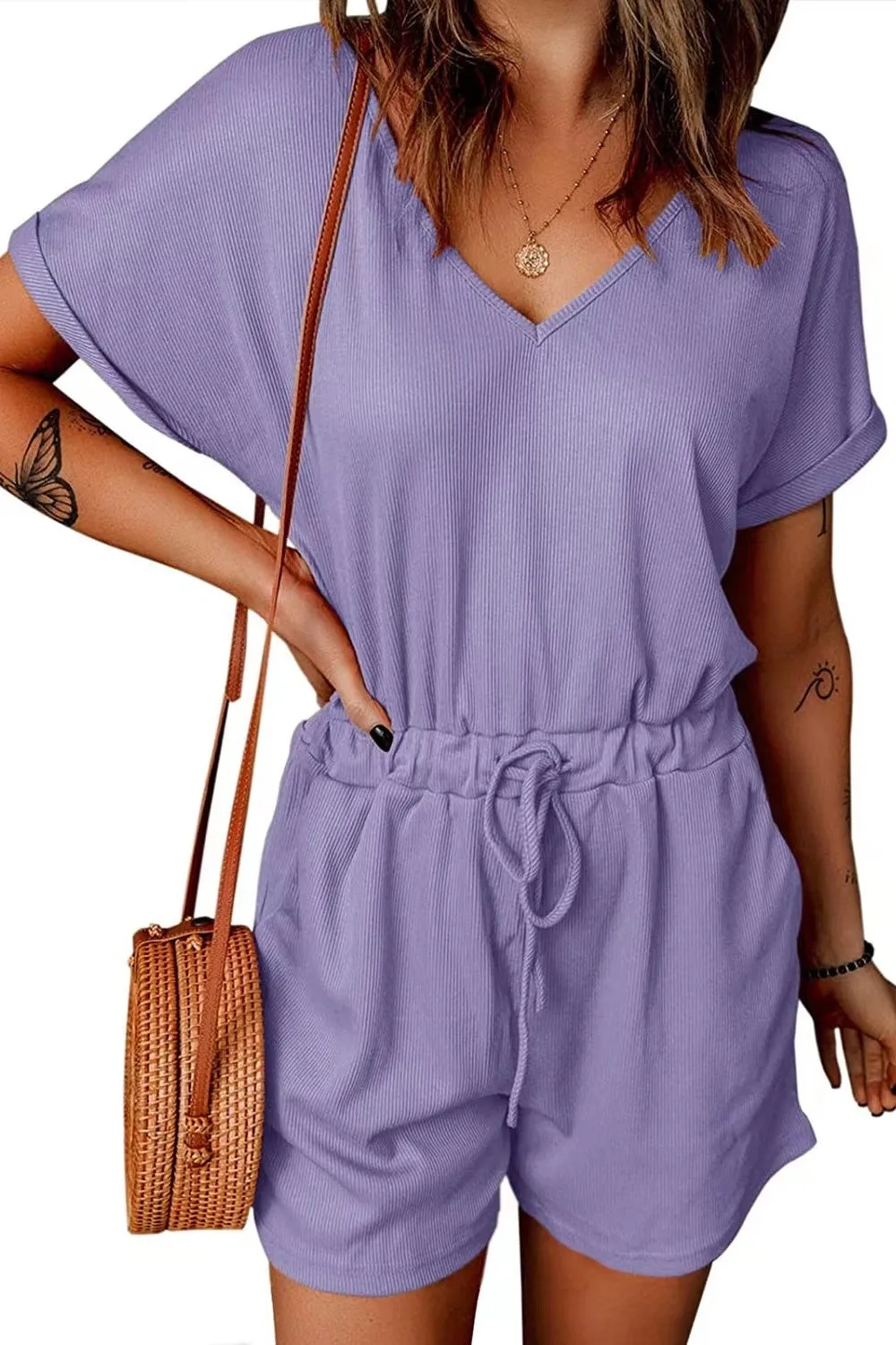 Plus Size Drawstring V-Neck Short Sleeve Romper