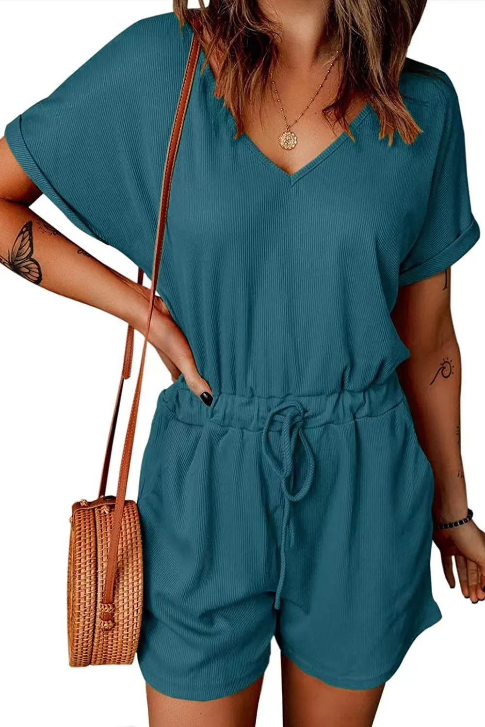 Plus Size Drawstring V-Neck Short Sleeve Romper