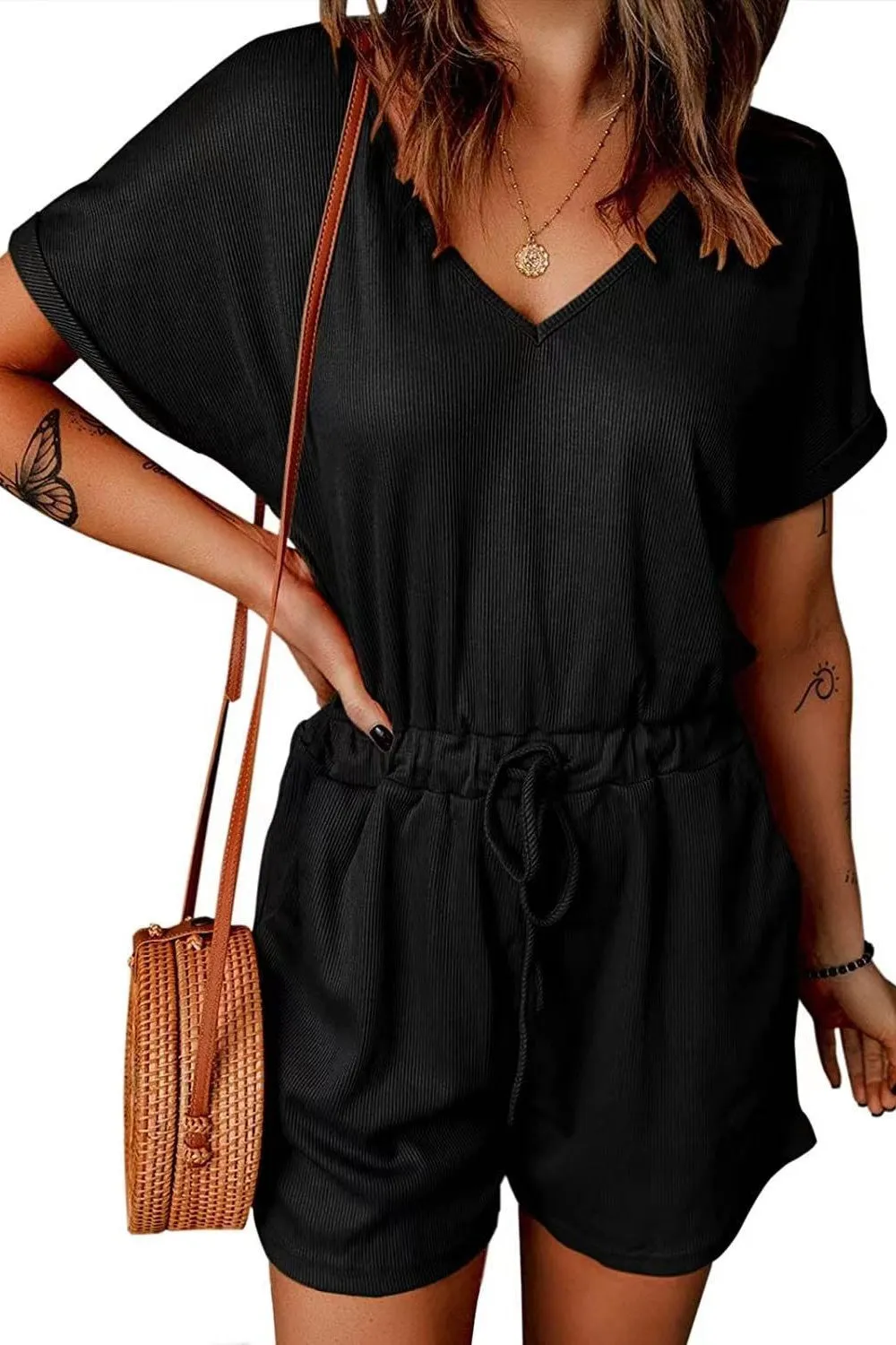 Plus Size Drawstring V-Neck Short Sleeve Romper