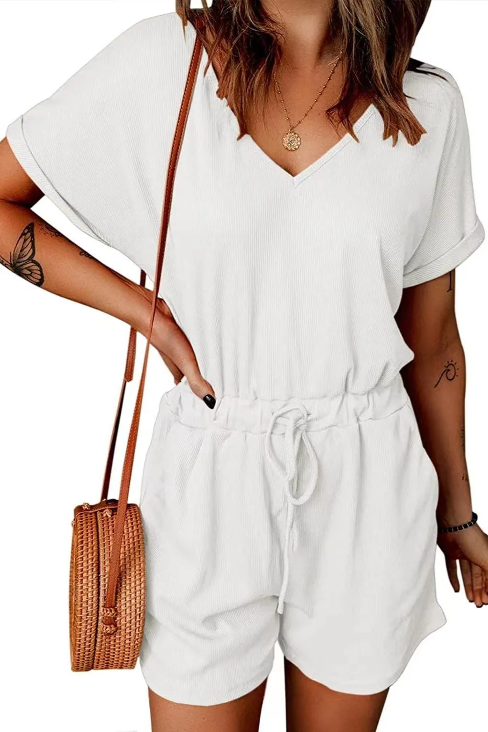 Plus Size Drawstring V-Neck Short Sleeve Romper