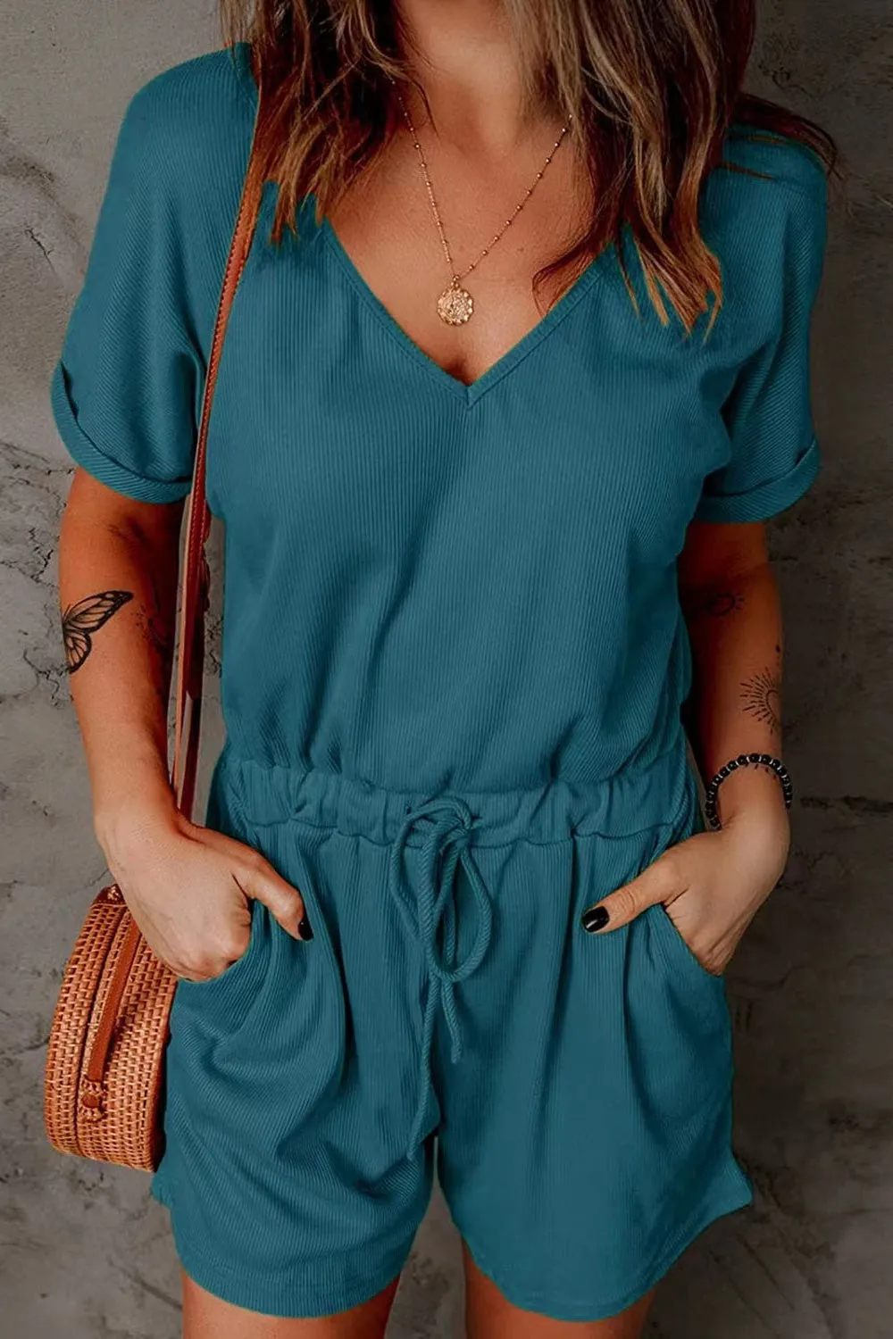 Plus Size Drawstring V-Neck Short Sleeve Romper