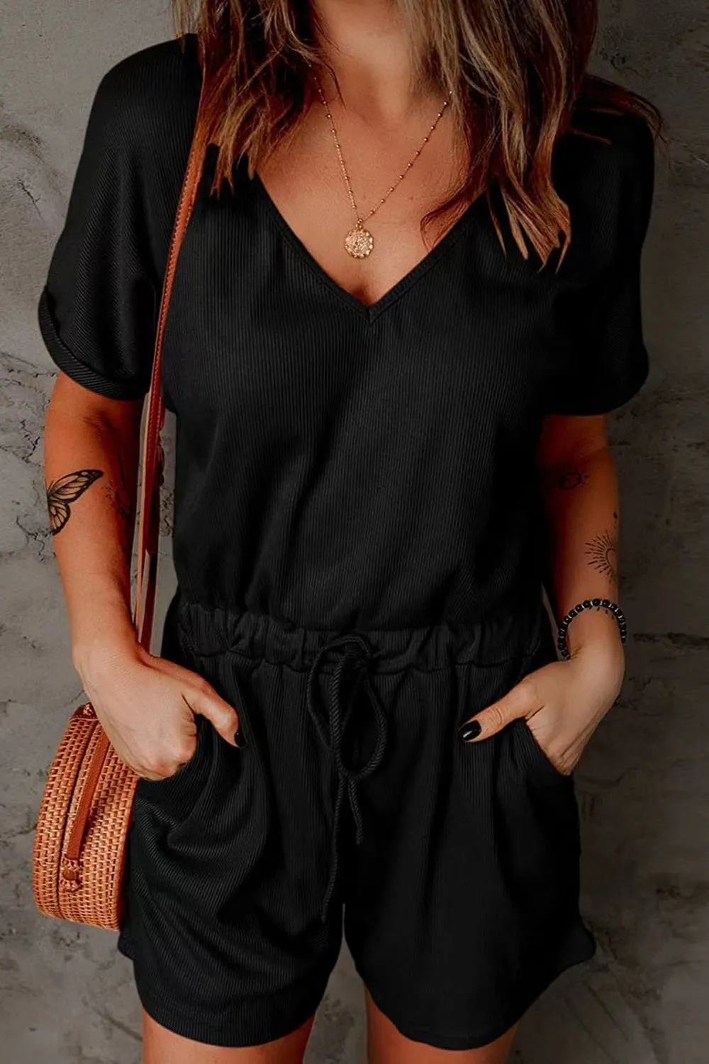 Plus Size Drawstring V-Neck Short Sleeve Romper