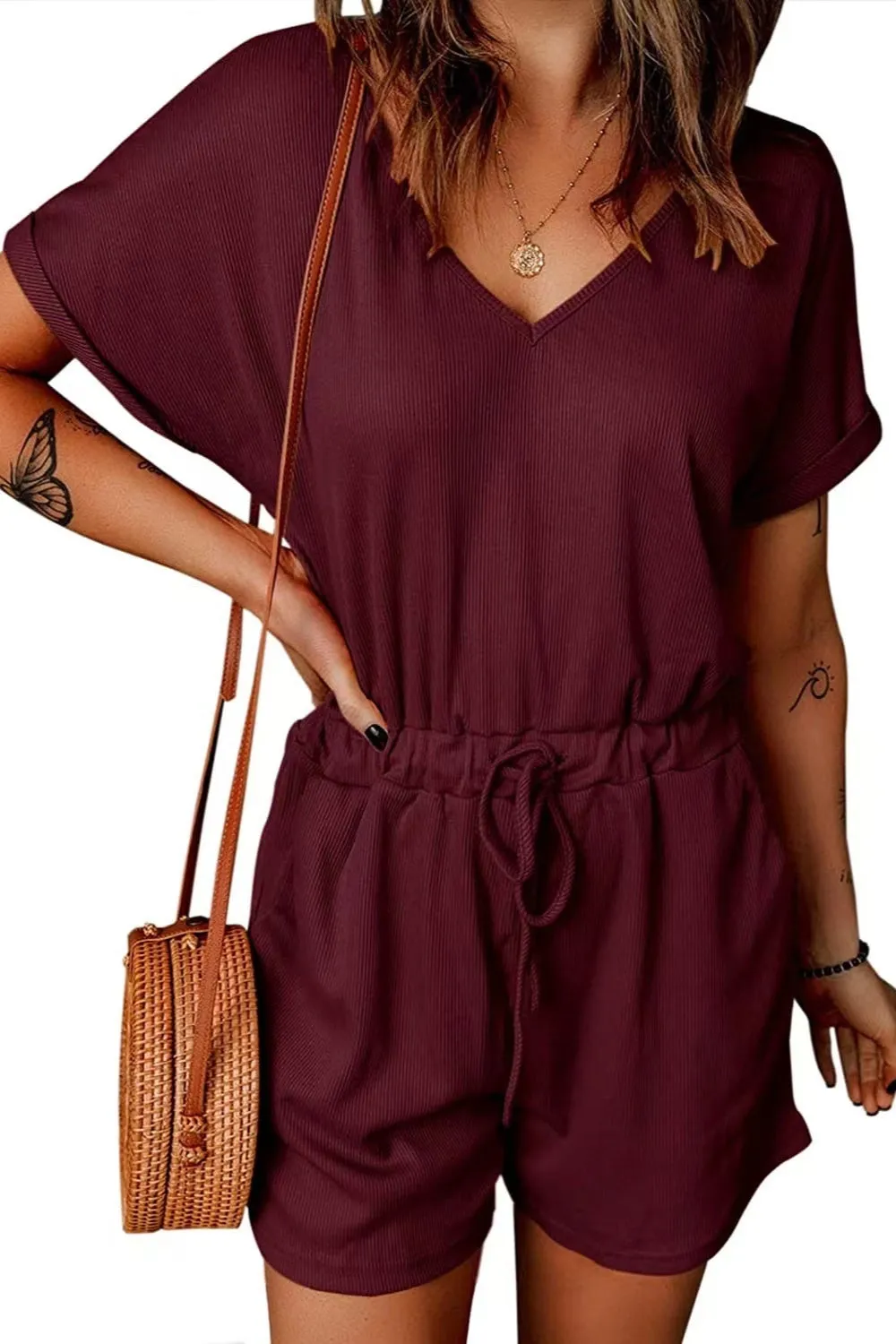 Plus Size Drawstring V-Neck Short Sleeve Romper