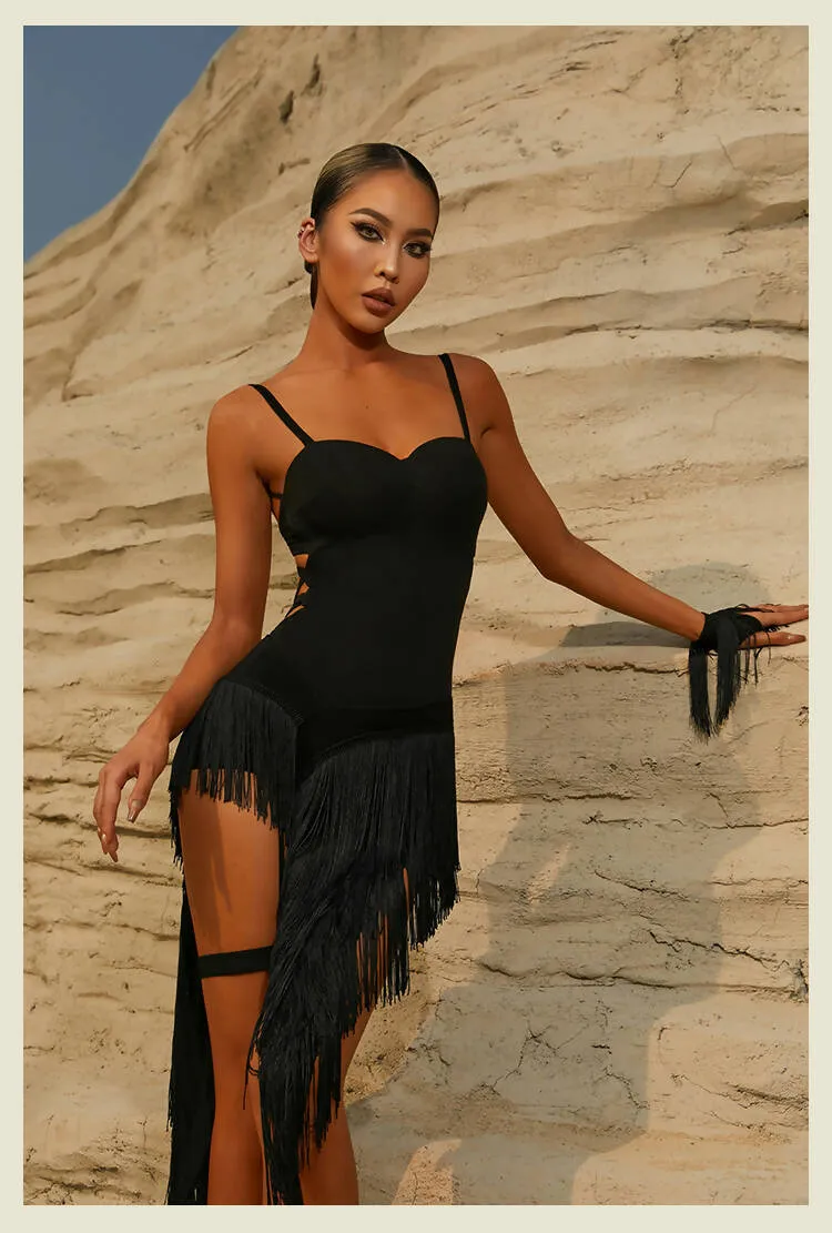 Radiant Black Fringe Latin Dance Set | 2326