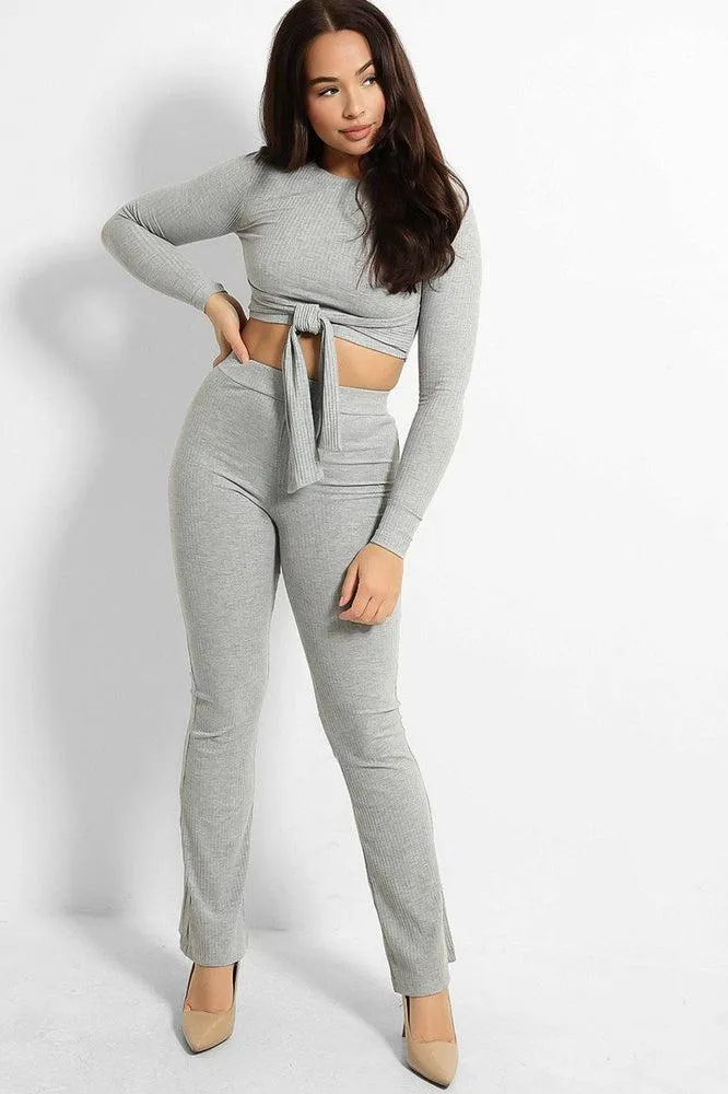 Ribbed Jersey Crop Tie Top And Trousers Set