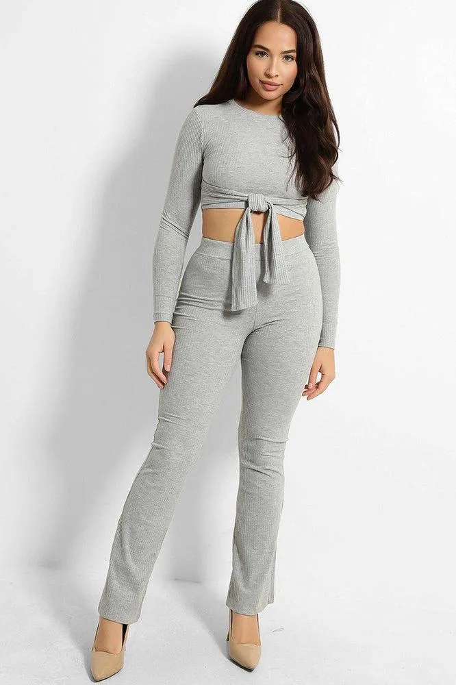 Ribbed Jersey Crop Tie Top And Trousers Set