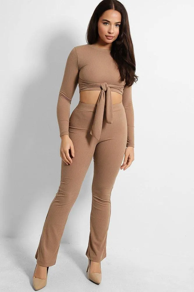 Ribbed Jersey Crop Tie Top And Trousers Set