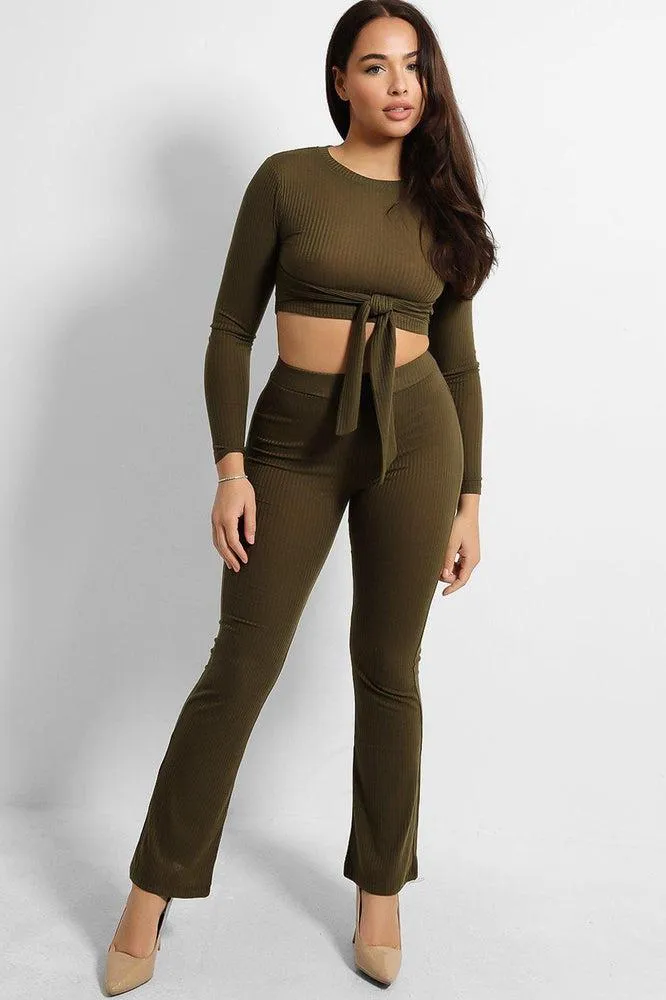 Ribbed Jersey Crop Tie Top And Trousers Set